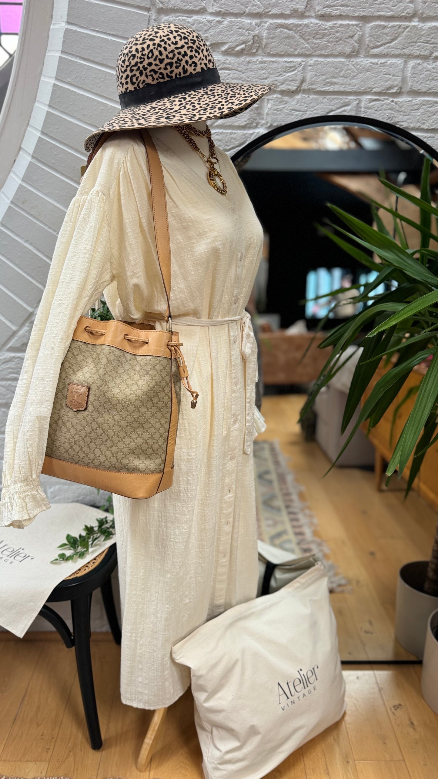 Celine Beige Macadam Bucket Bag with Pouch