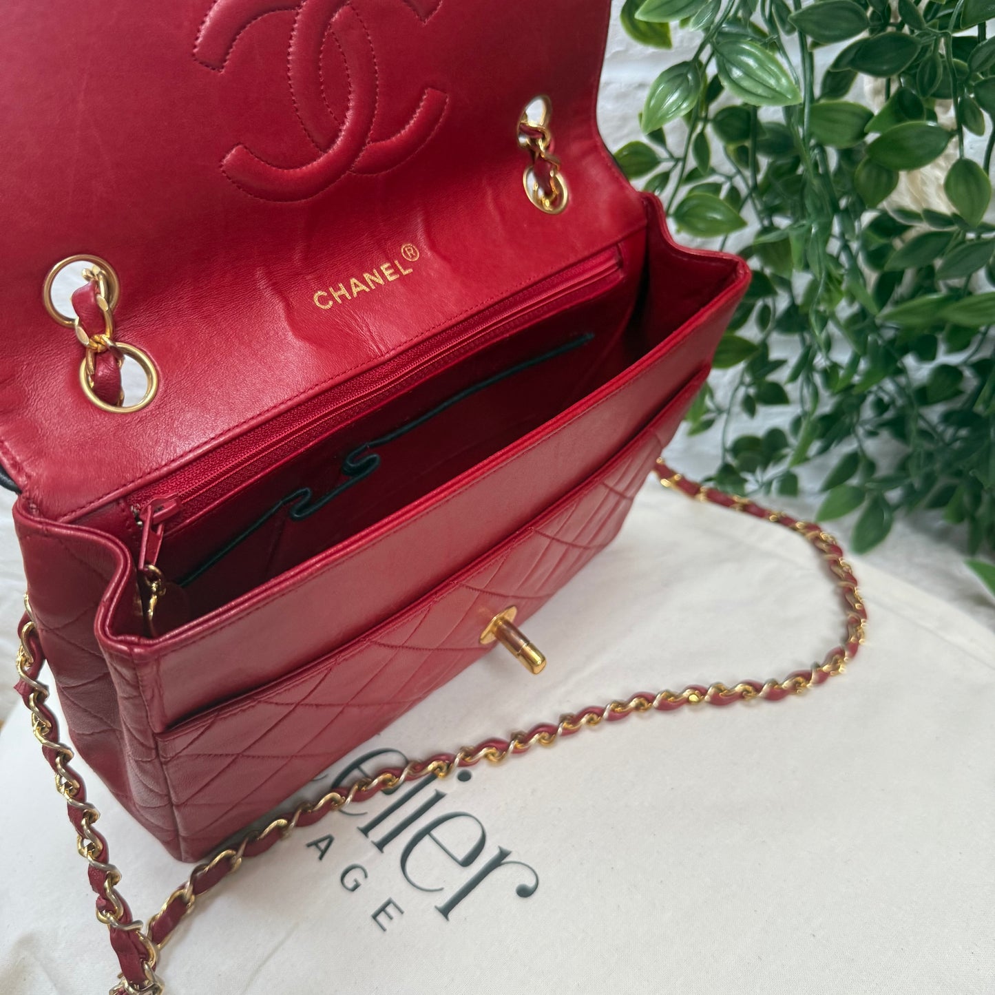 Chanel 1989 Rare Red with navy piping 25cm Square single flap