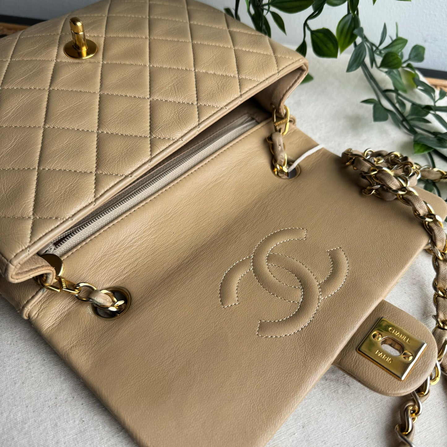 Chanel 1989 Beige Square Classic Single Flap Medium