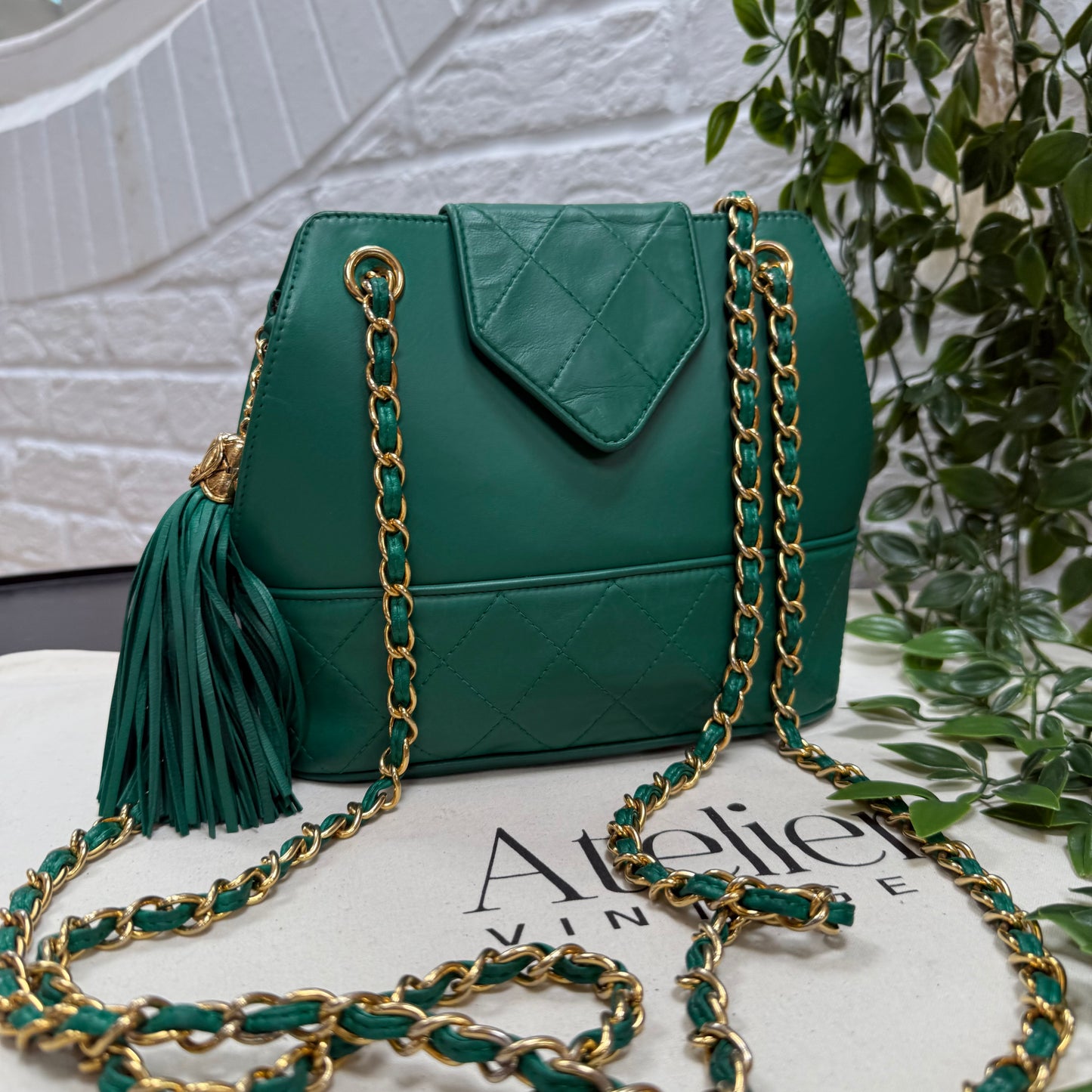 Chanel 1989 Emerald Green Cross Body Envelope Flap tassel bag