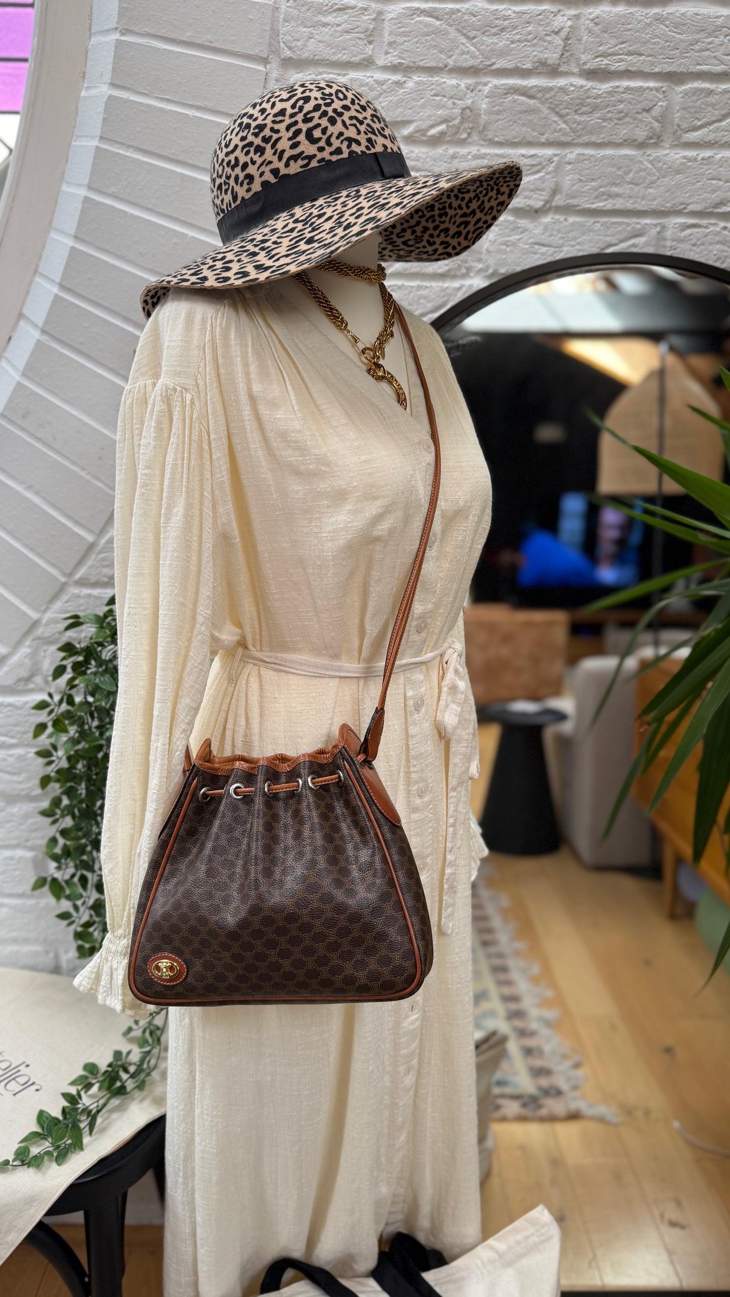 Celine 1980s Triomphe Macadam Bucket Bag