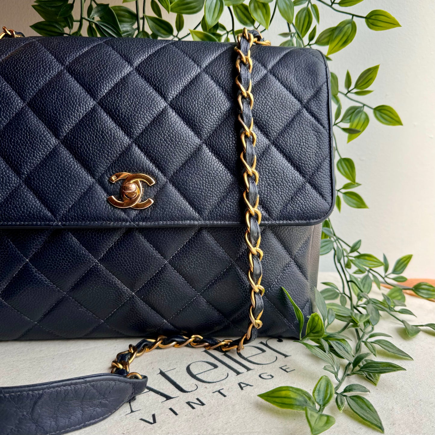 Chanel 1994 Navy Caviar Leather Large Square Single Flap