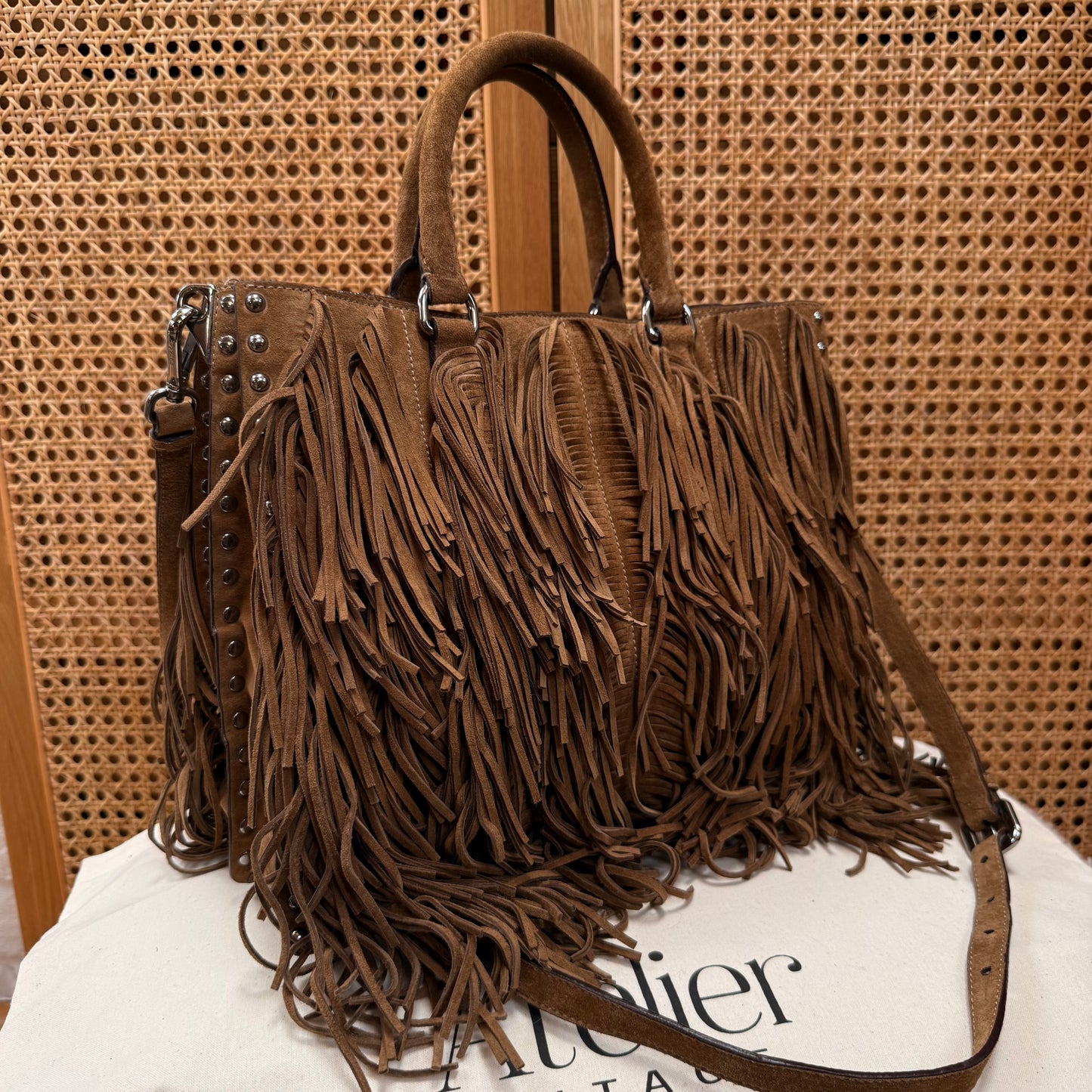 Prada Saffiano Two Way Suede Fringed tote