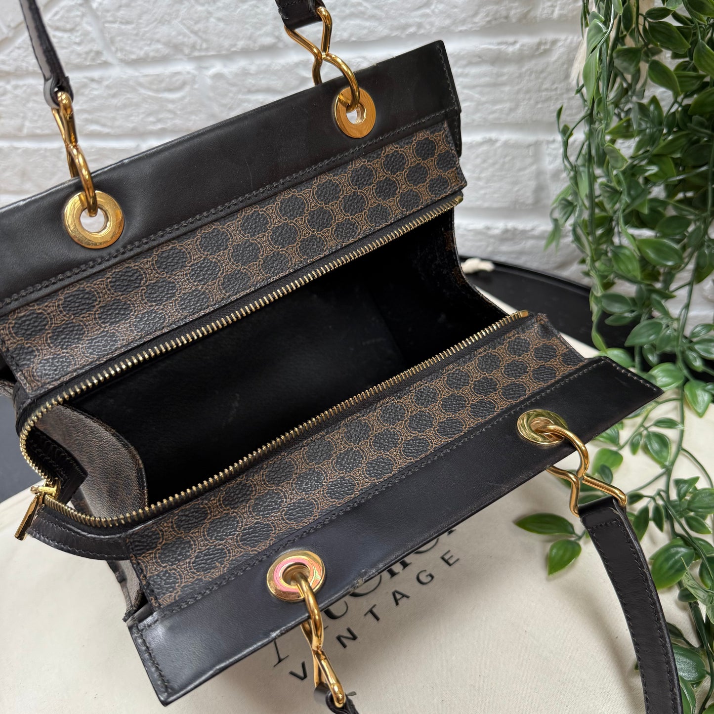 Celine 1980s Dark Macadam Zip Top Mini Tote