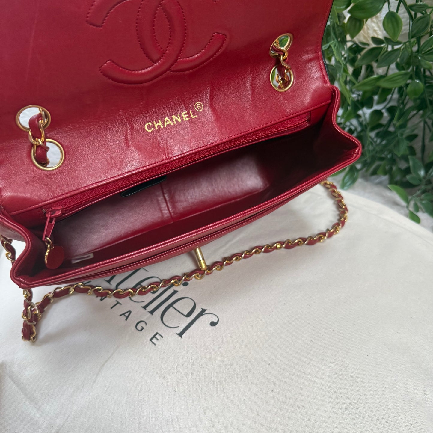 Chanel 1989 Rare Red with navy piping 25cm Square single flap