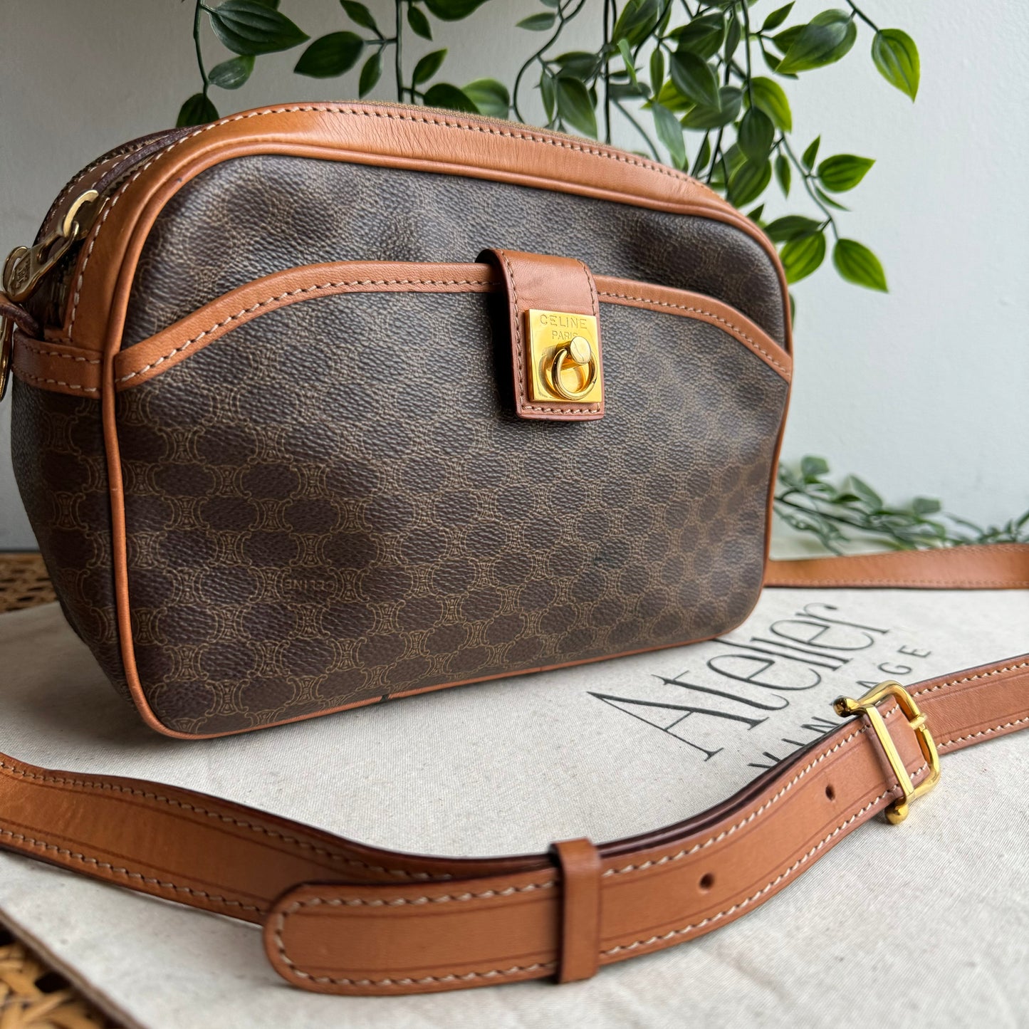 Celine Macadam Brown Double Zip Shoulder Bag