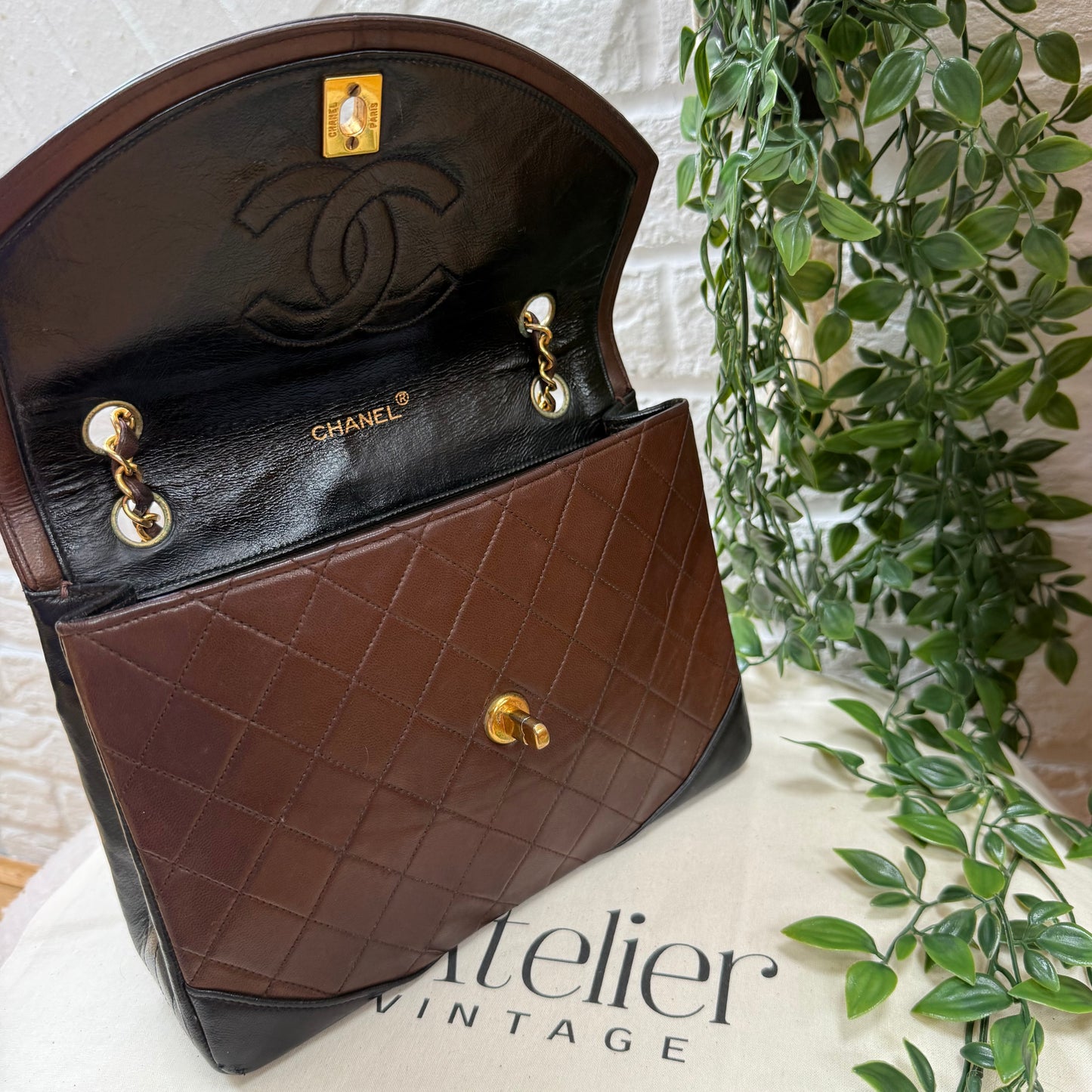 Chanel 1986 chocolate brown & black half moon two way single flap