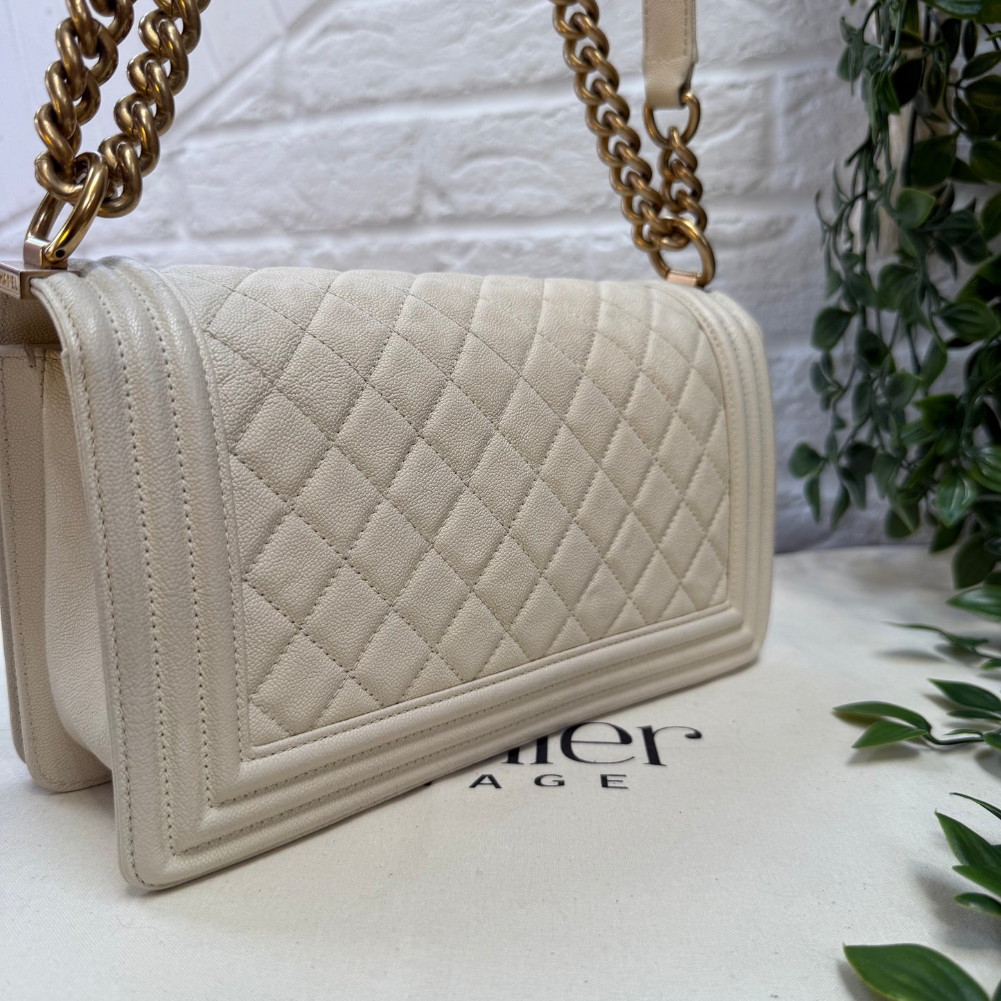 Chanel 2019 Rare Le Boy Ivory Beige Caviar Leather in Diamond Quilt