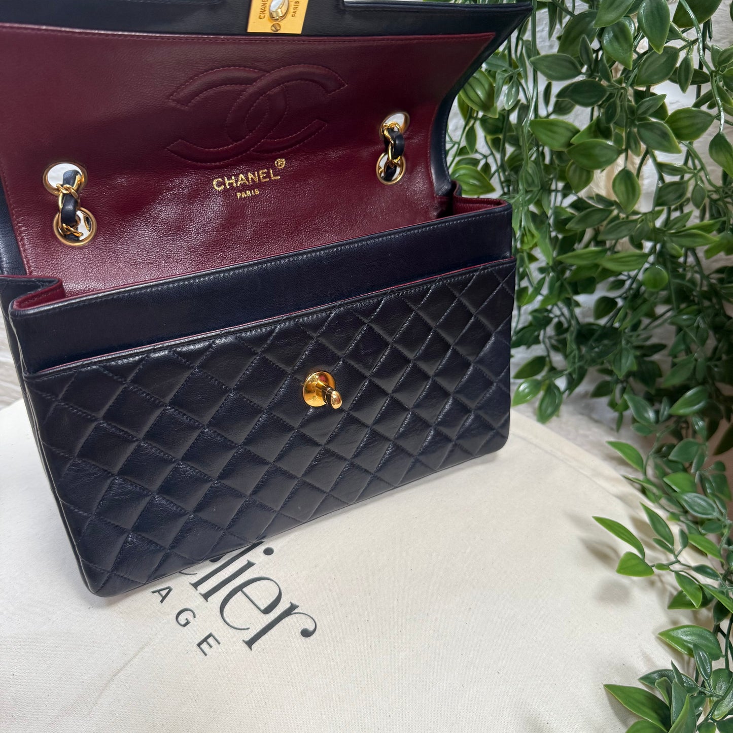 Chanel 1993 Navy Paris limited edition two tone turnlock single flap