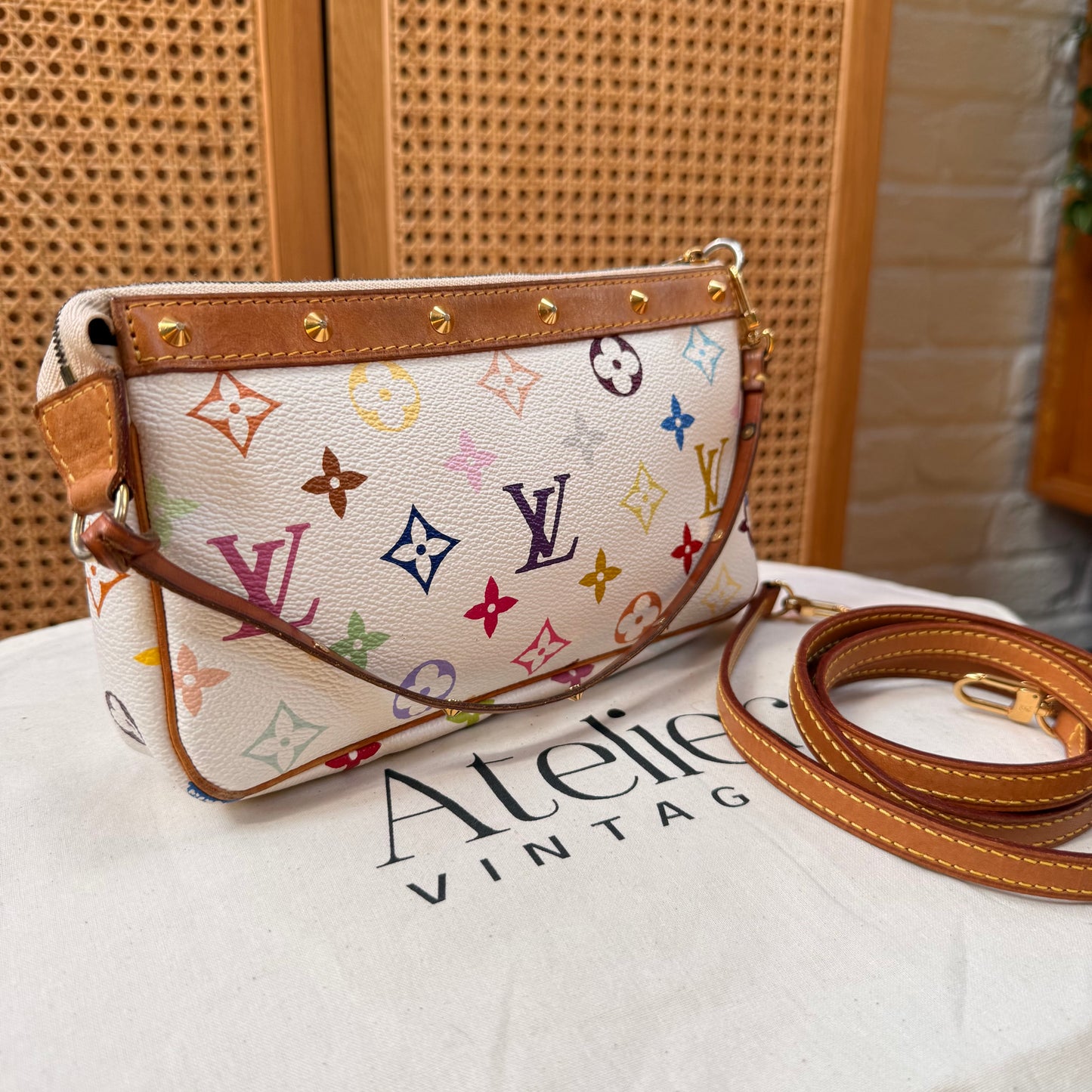Louis Vuitton 2003 Murakami white Multi Color Pochette Accesssoires with cross body strap