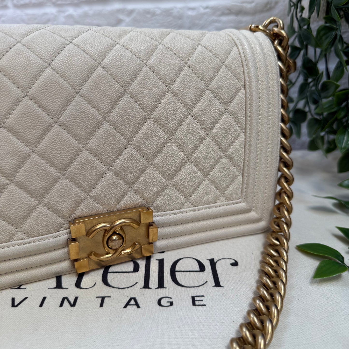 Chanel 2019 Rare Le Boy Ivory Beige Caviar Leather in Diamond Quilt