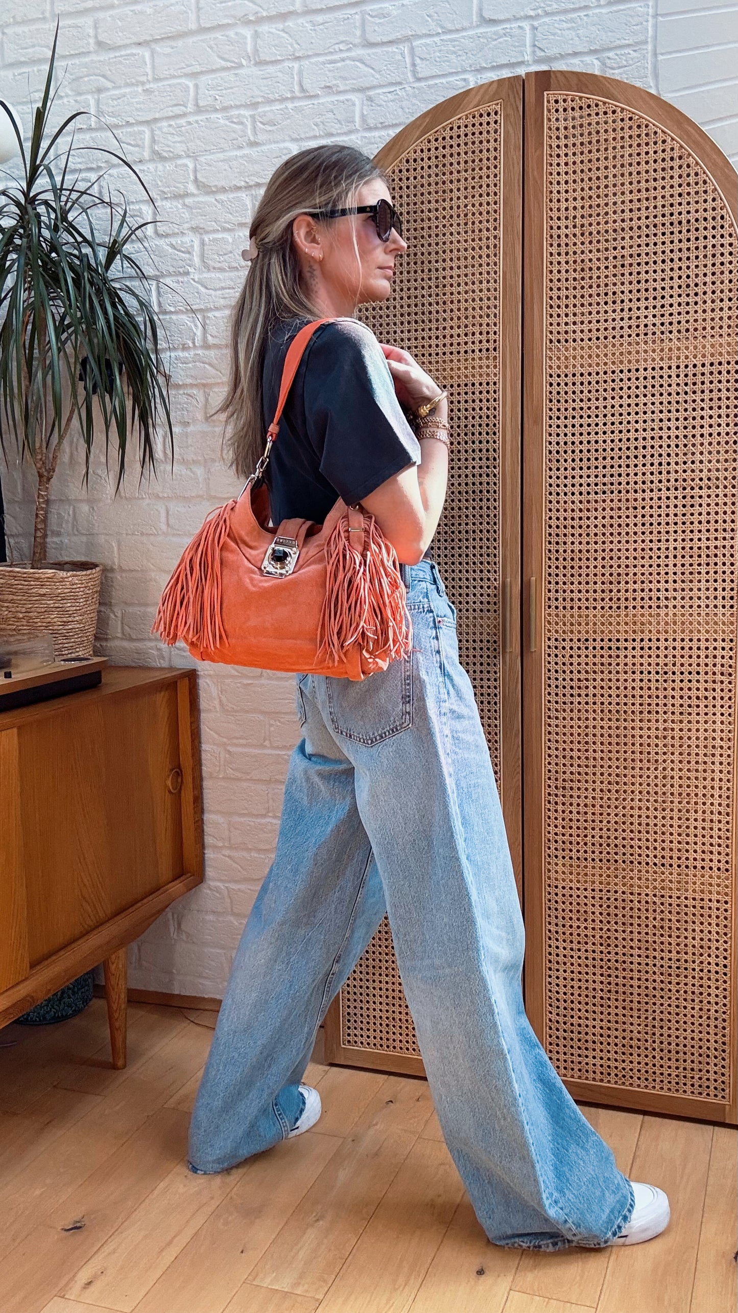 Celine 1980s Orange Suede Fringed Shoulder Bag