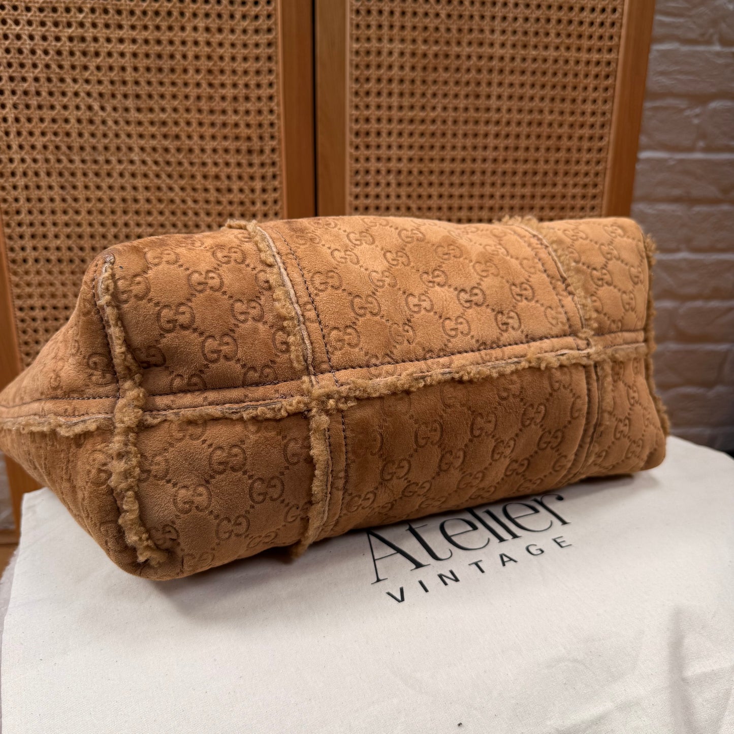 Gucci 2004 GG Monogram Sheepskin Shearling Iconic Charm Tote