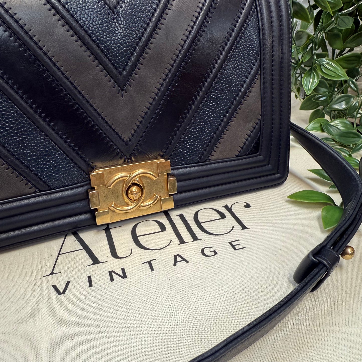 Chanel 2016 Rare Navy Le Boy Caviar & Calf Skin Chevron Old Medium