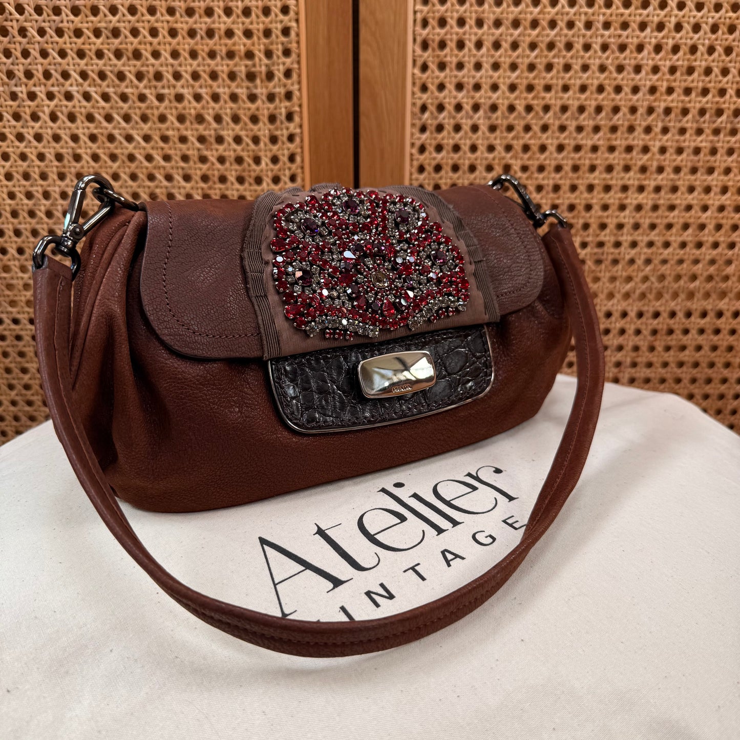 Prada 2002 Brown & Embellished Jewel Two Way Shoulder Bag