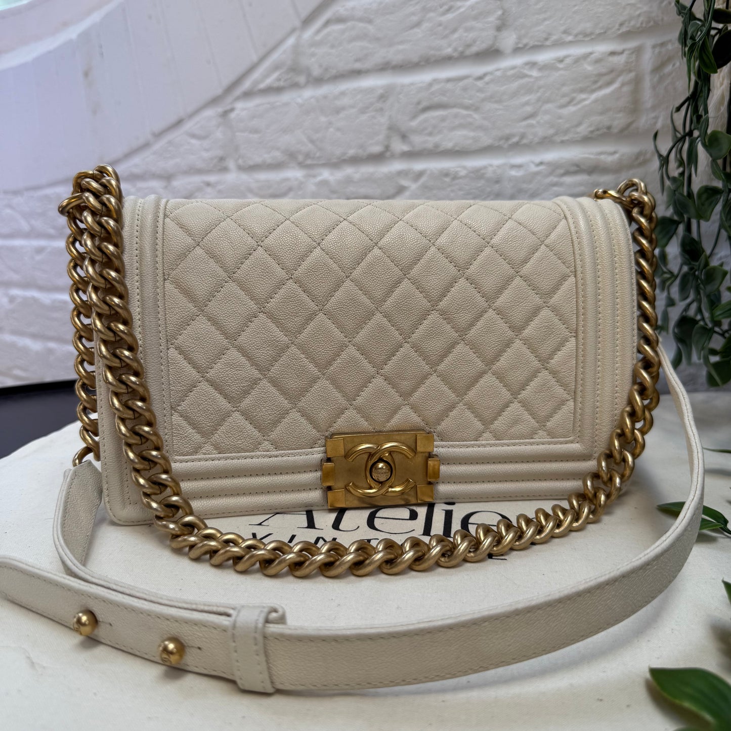 Chanel 2019 Rare Le Boy Ivory Beige Caviar Leather in Diamond Quilt