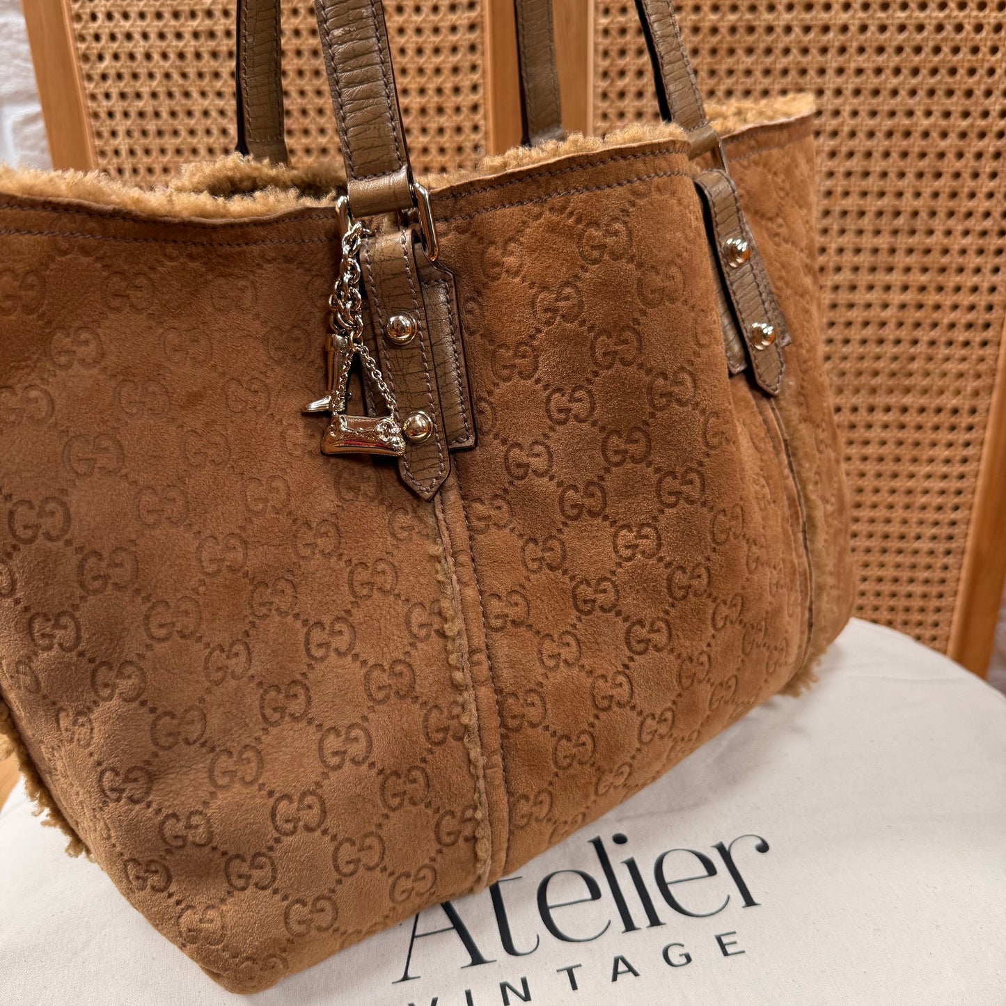 Gucci 2004 GG Monogram Sheepskin Shearling Iconic Charm Tote