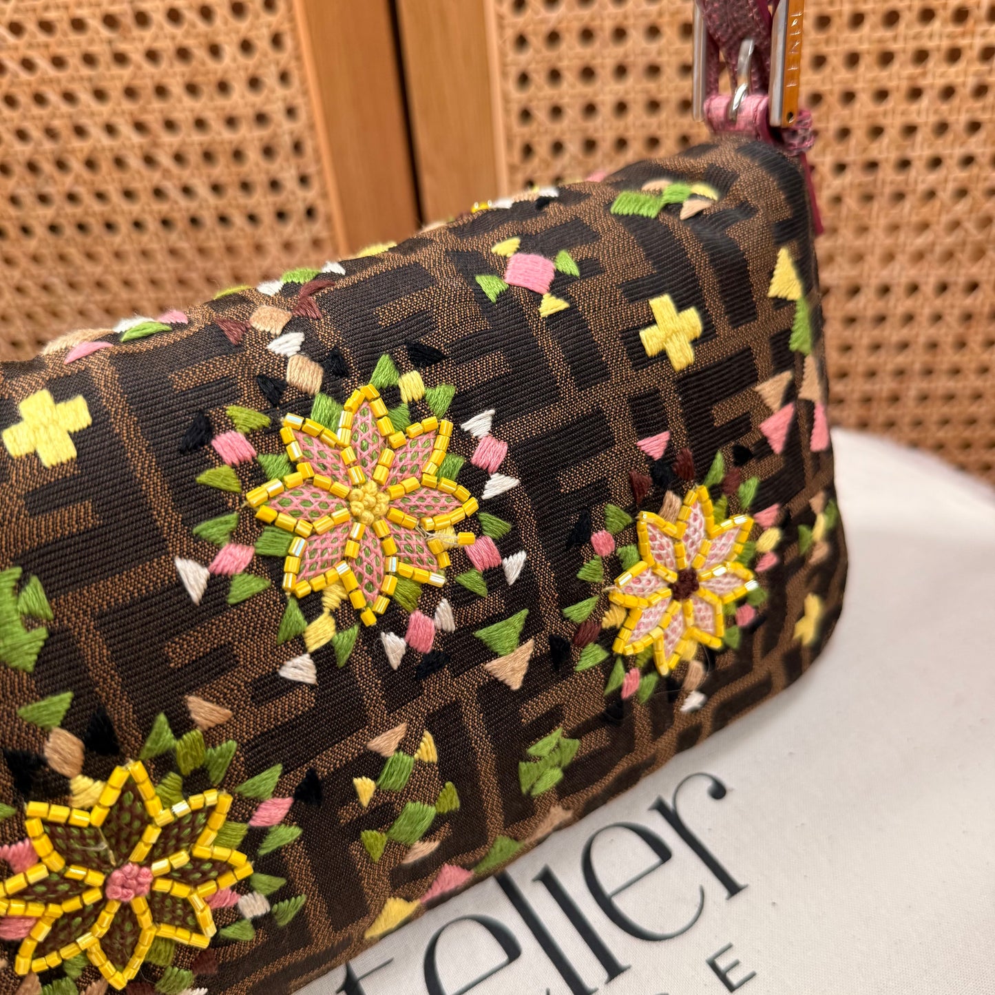 Fendi 2004 Rare Baguette Embroidered Zucca Print - Limited Edition glass bead and embroidered with exotic leather