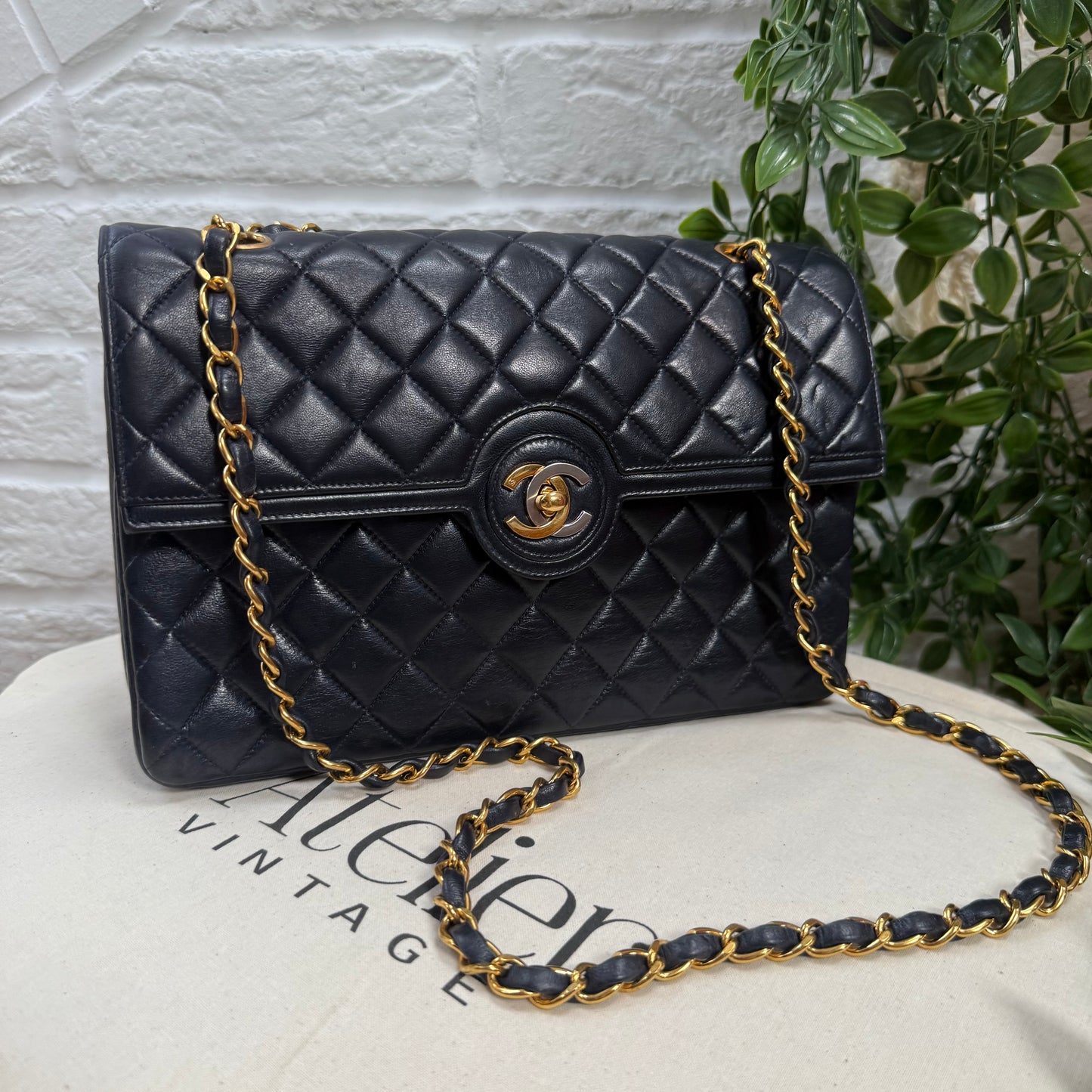Chanel 1993 Navy Paris limited edition two tone turnlock single flap