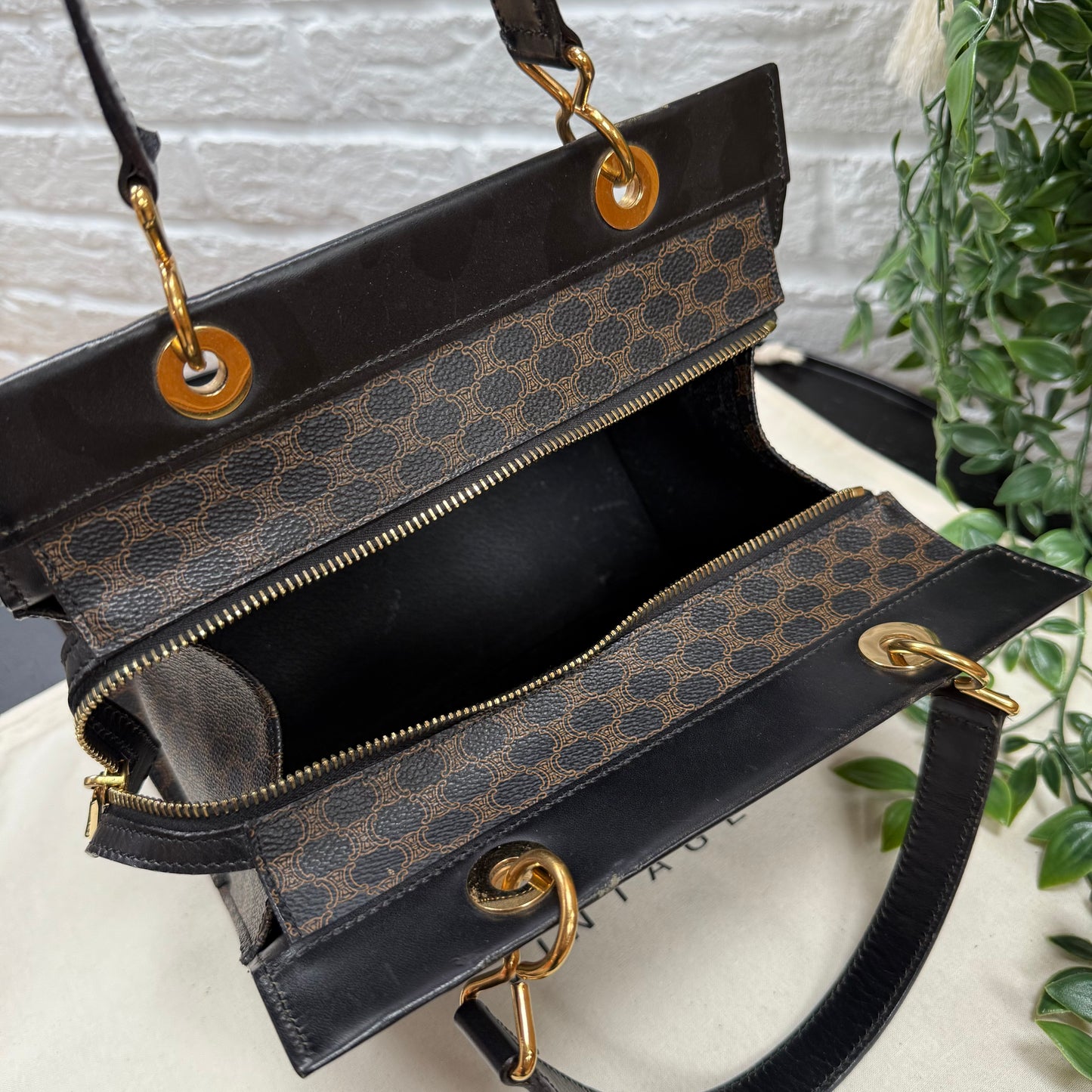 Celine 1980s Dark Macadam Zip Top Mini Tote
