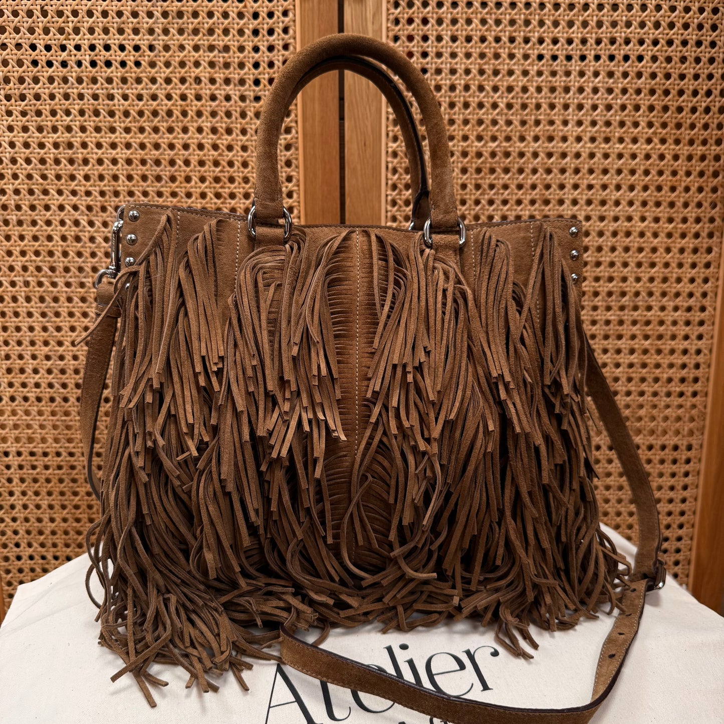 Prada Saffiano Two Way Suede Fringed tote
