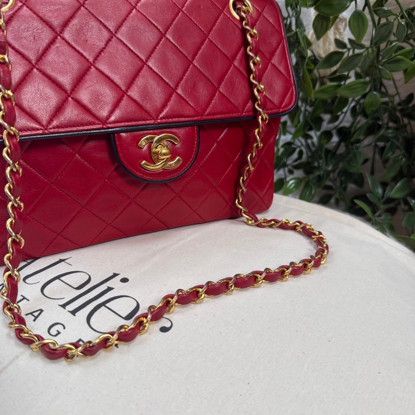 Chanel 1989 Rare Red with navy piping 25cm Square single flap