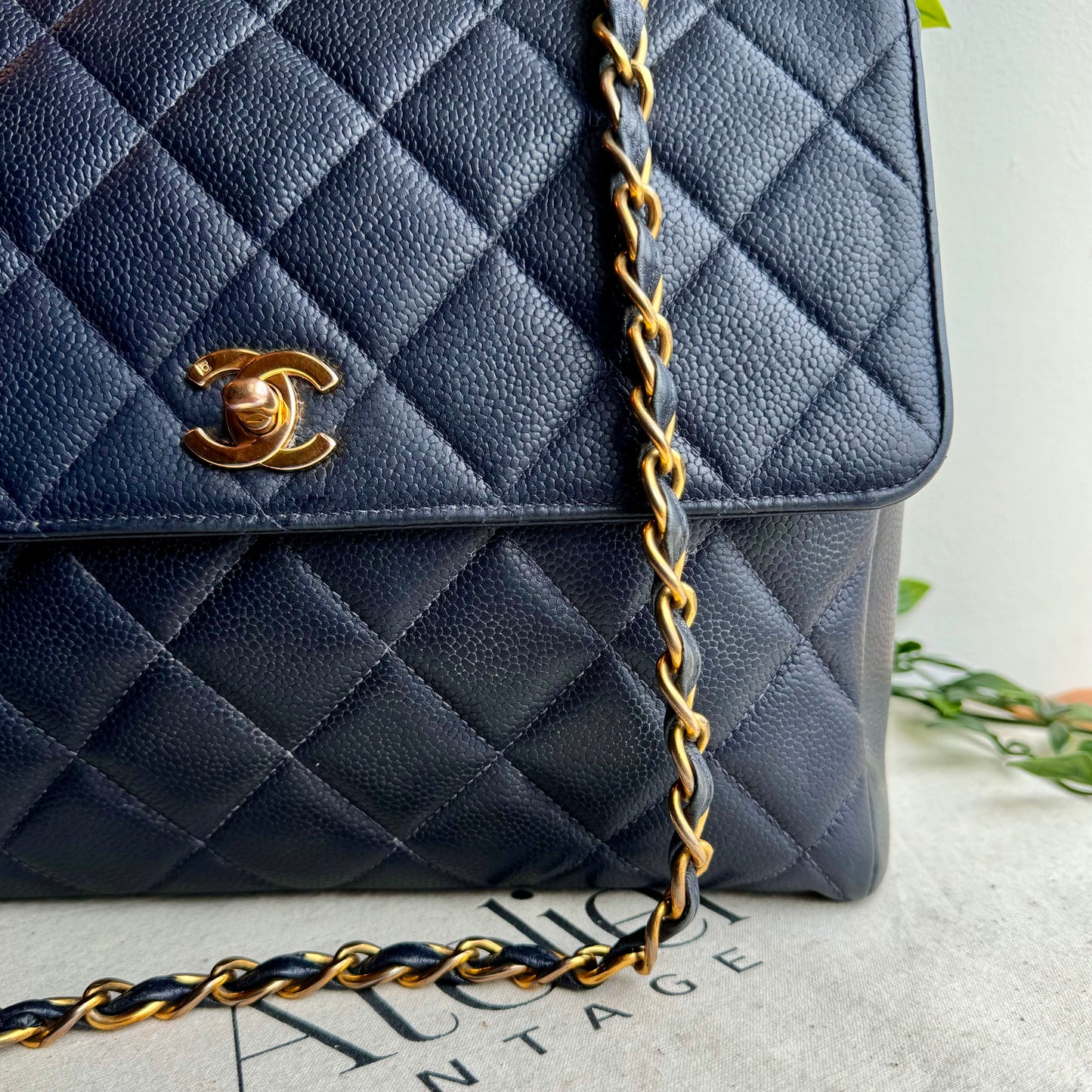 Chanel 1994 Navy Caviar Leather Large Square Single Flap