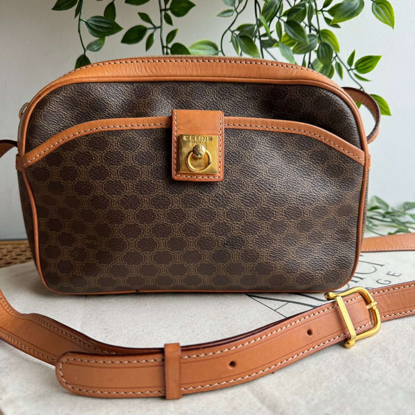 Celine Macadam Brown Double Zip Shoulder Bag