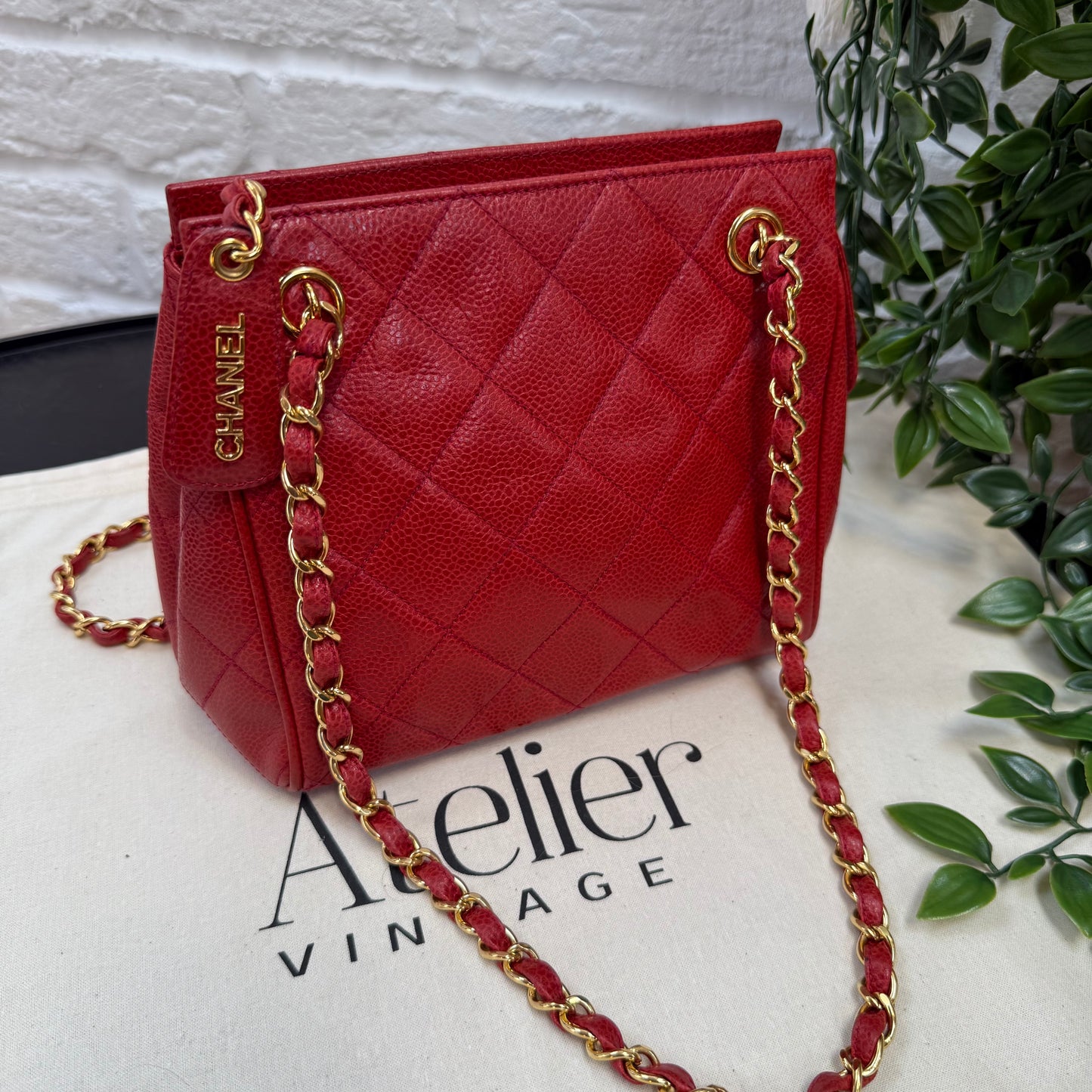 Chanel 1989 Chanel Red Caviar CC Quilted Shoulder Bag