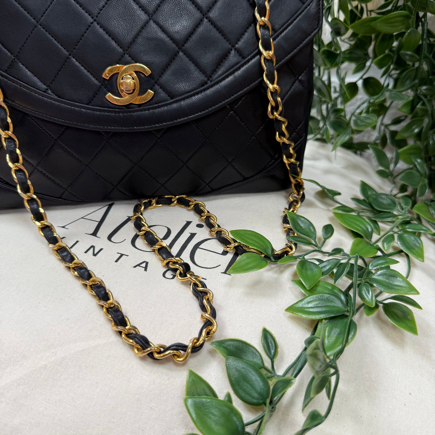 Chanel 1986 black half moon two way single flap