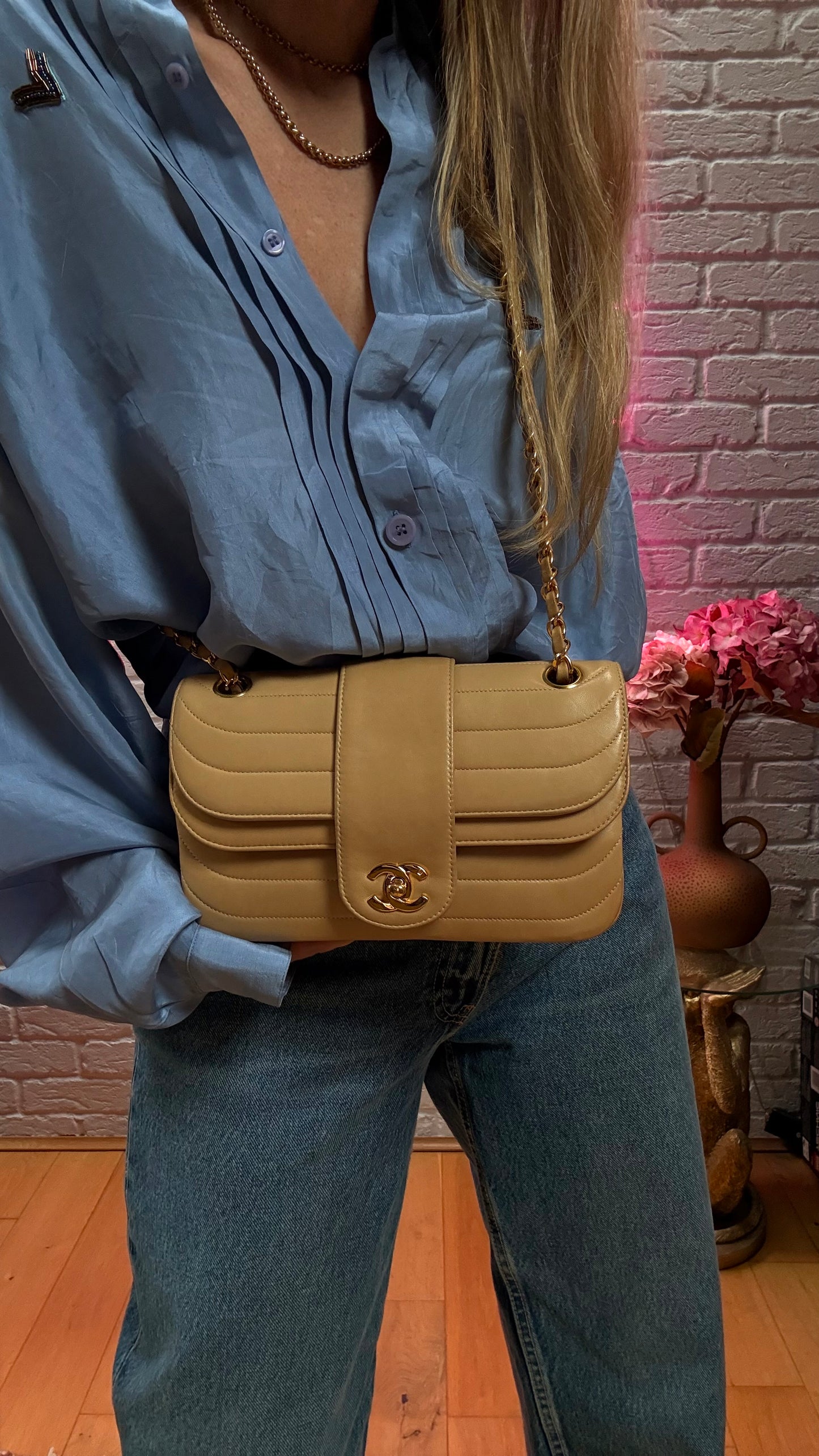Chanel 1991 Ultra Rare Mademoiselle Scallop Double Flap in Dark Beige