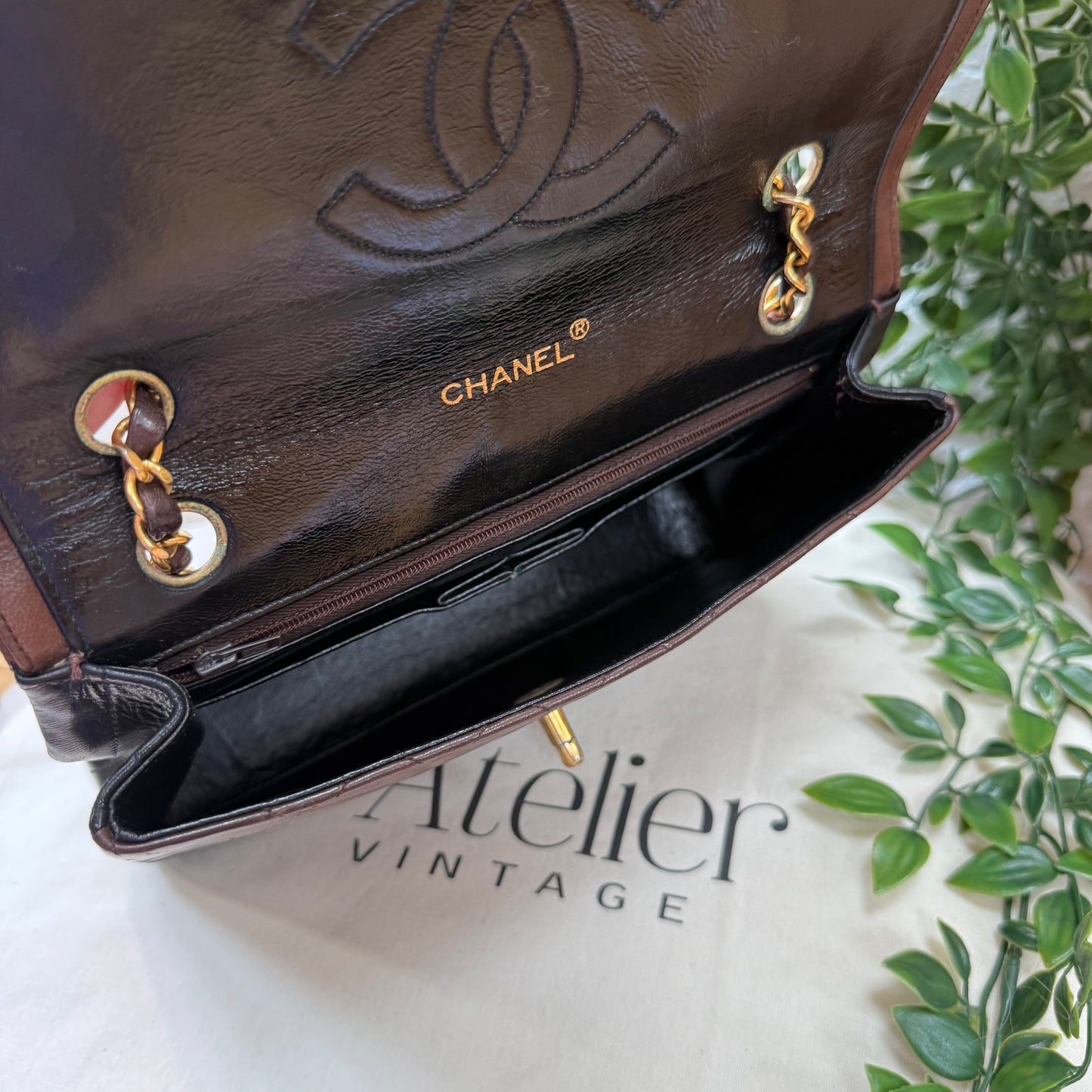 Chanel 1986 chocolate brown & black half moon two way single flap