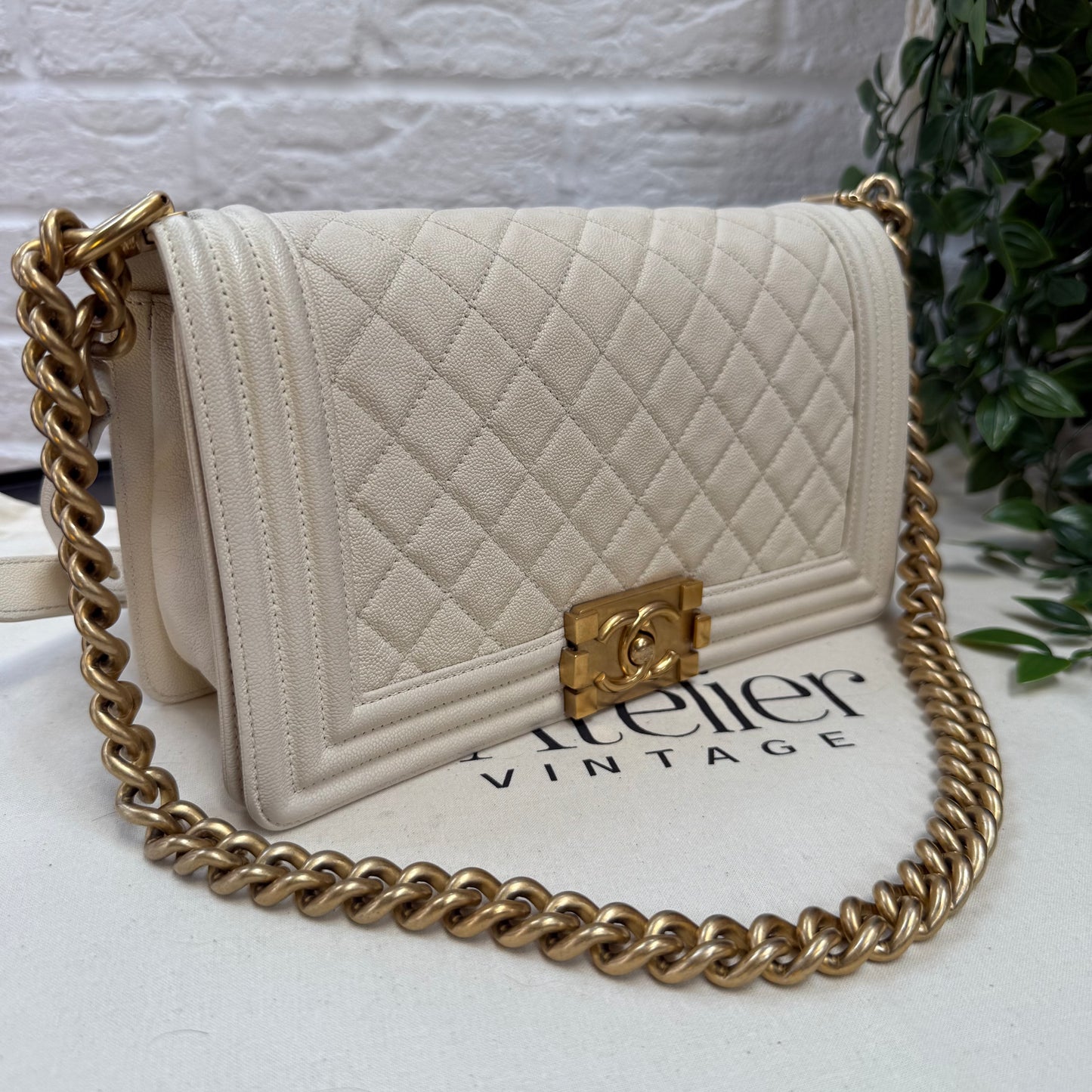 Chanel 2019 Rare Le Boy Ivory Beige Caviar Leather in Diamond Quilt