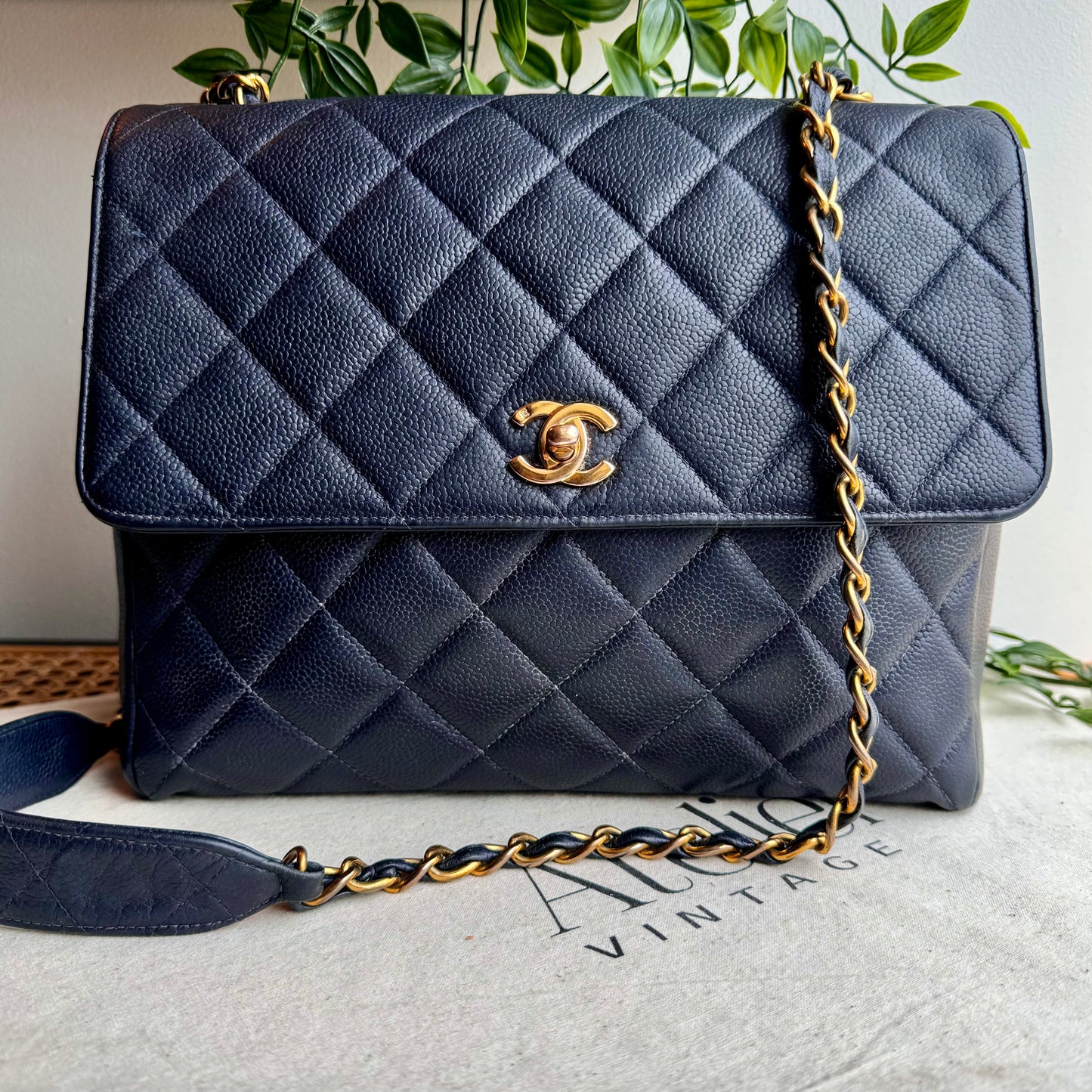 Chanel 1994 Navy Caviar Leather Large Square Single Flap
