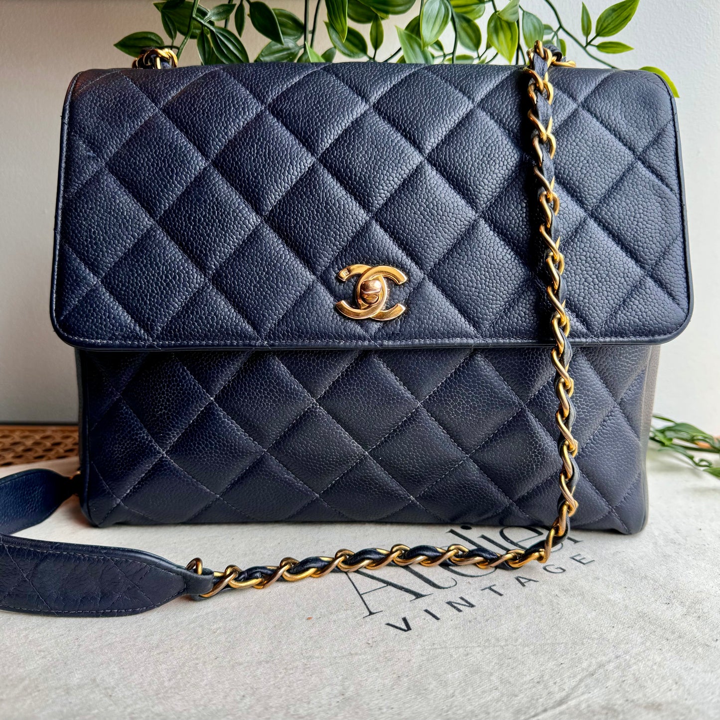 Chanel 1994 Navy Caviar Leather Large Square Single Flap