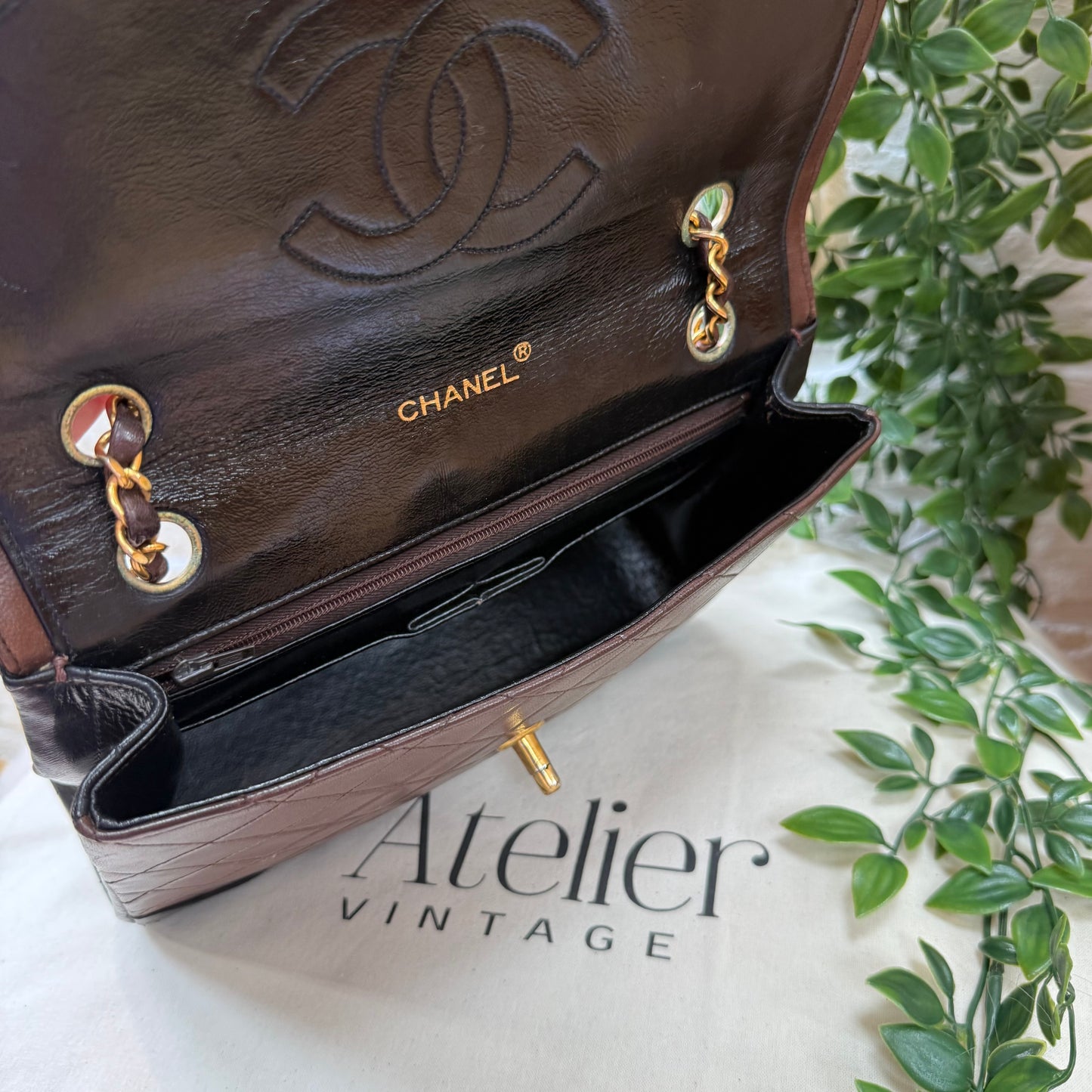 Chanel 1986 chocolate brown & black half moon two way single flap