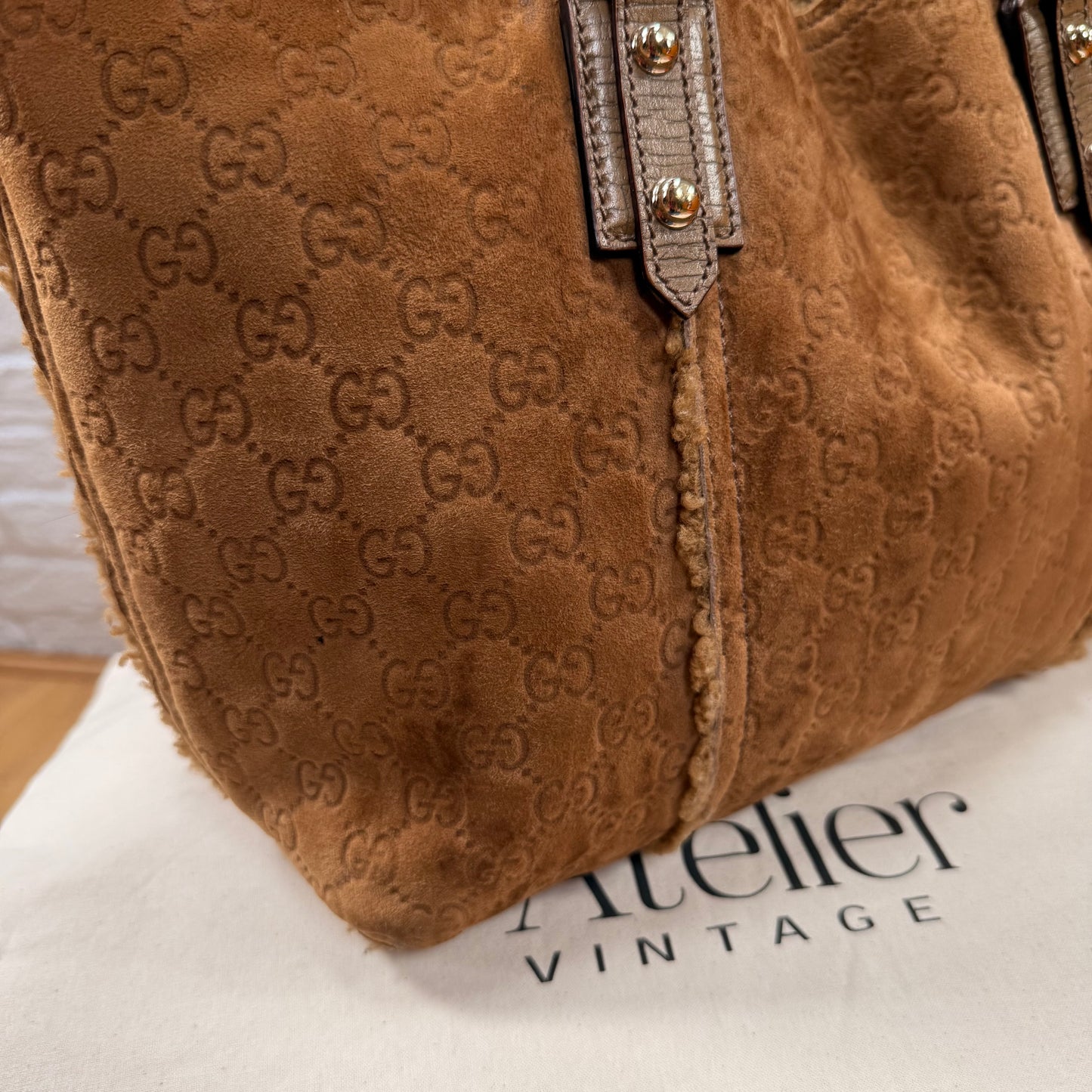 Gucci 2004 GG Monogram Sheepskin Shearling Iconic Charm Tote