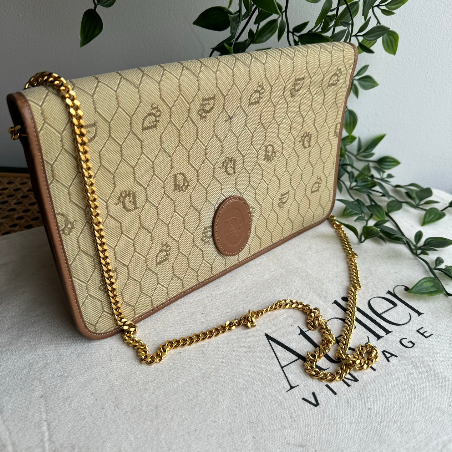 Dior 1980s Beige Honeycomb Two Way Chain Strap Bag
