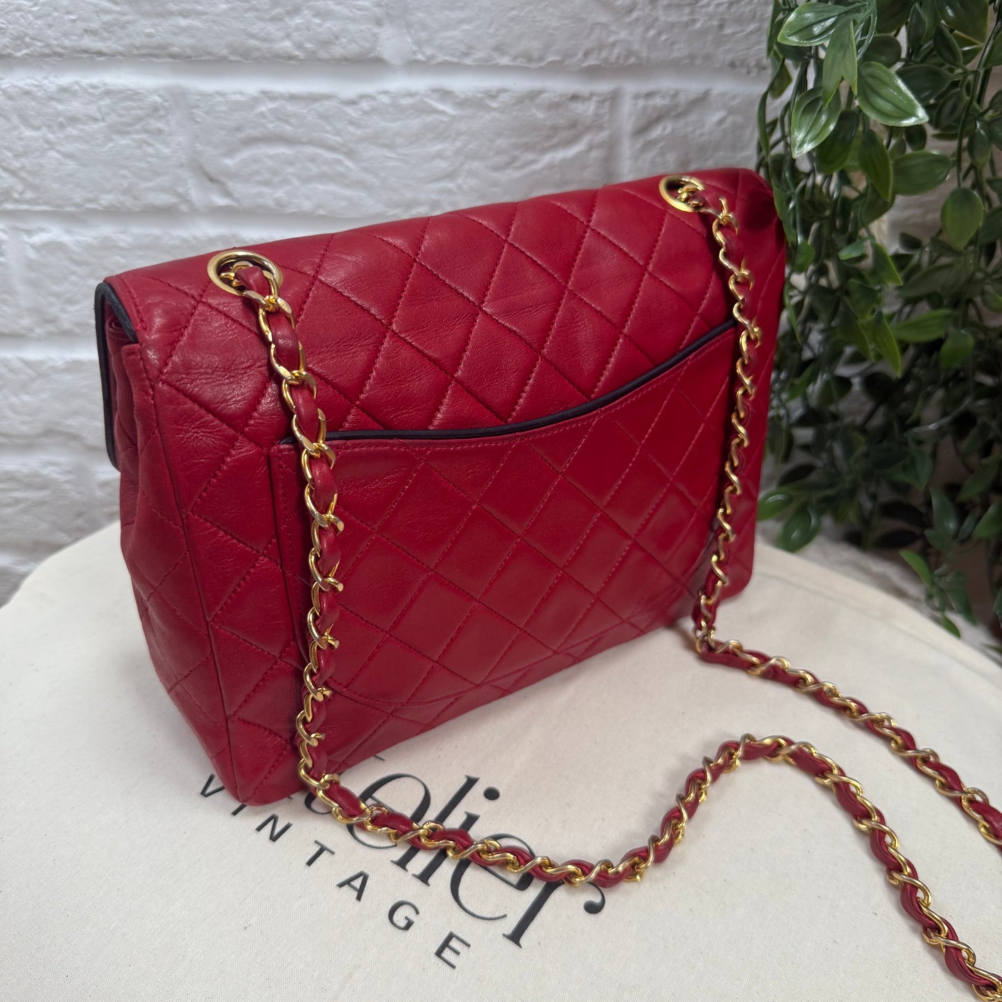 Chanel 1989 Rare Red with navy piping 25cm Square single flap