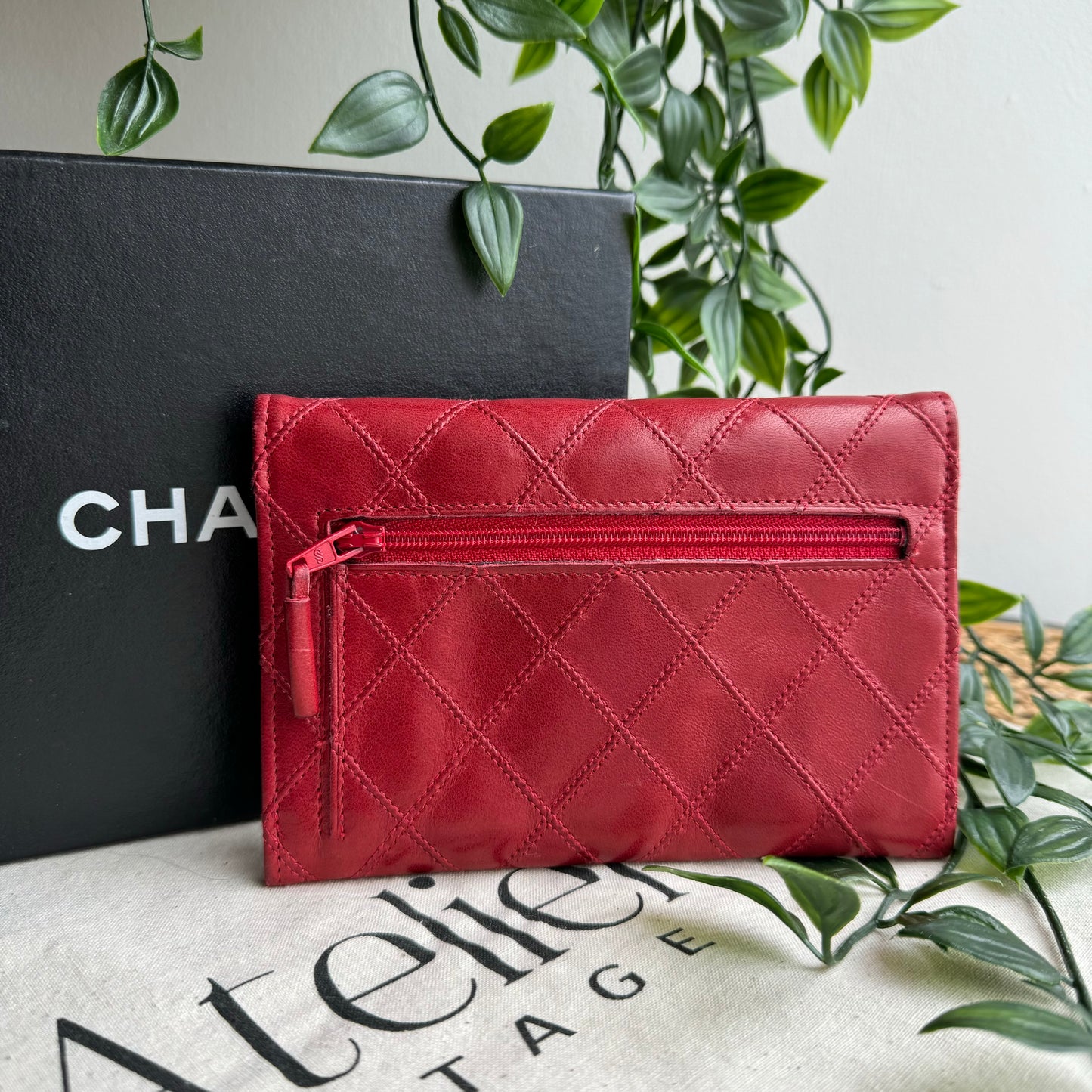 Chanel Rare Poppy Red 1991 Envelope Card & Coin Pouch Boxed