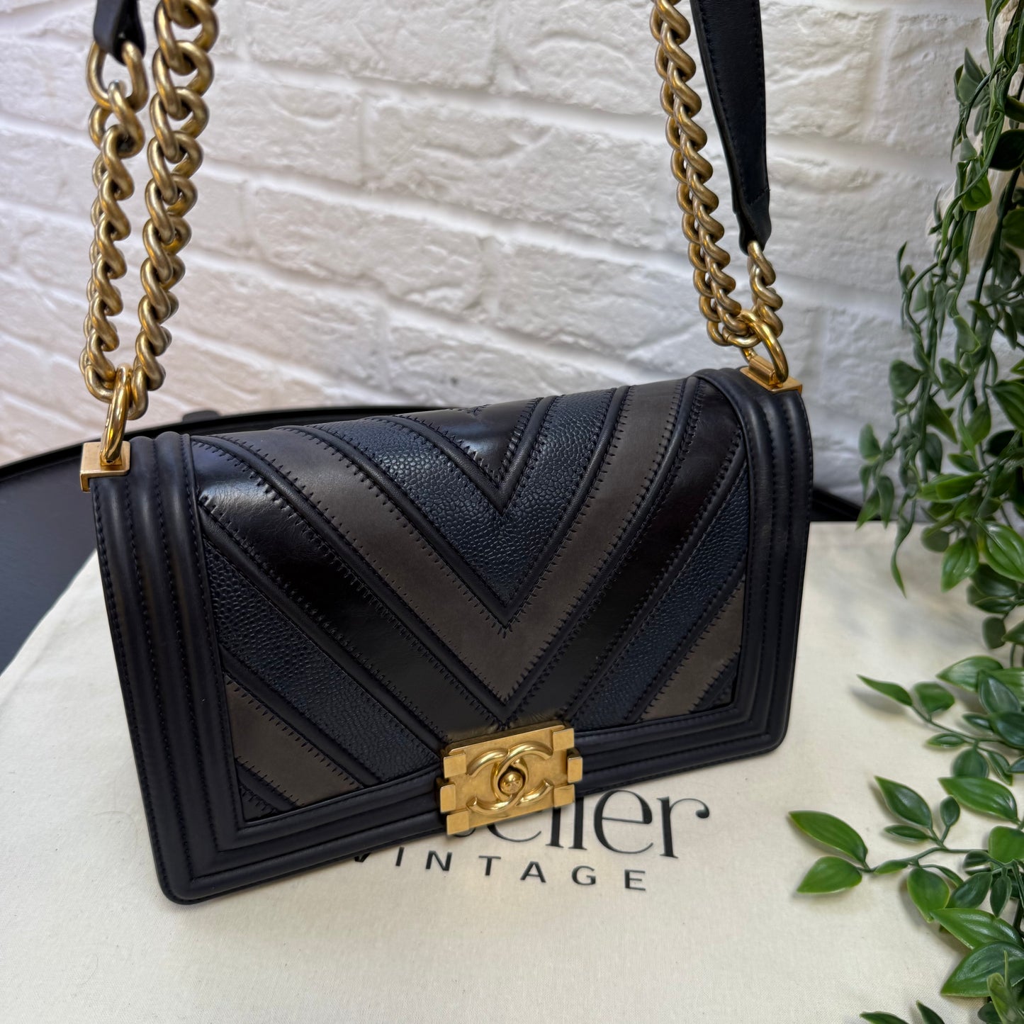 Chanel 2016 Rare Navy Le Boy Caviar & Calf Skin Chevron Old Medium