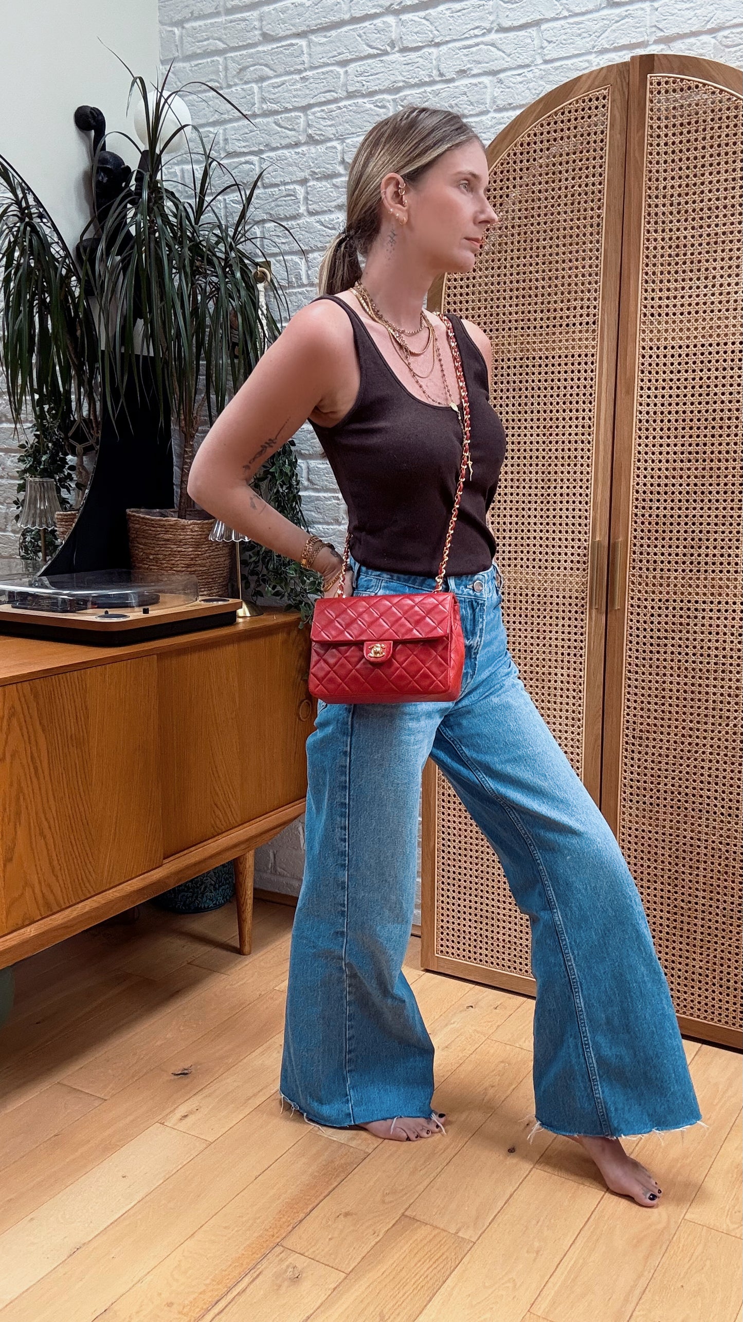 Chanel 1989 Red Classic Single Flap Medium Square