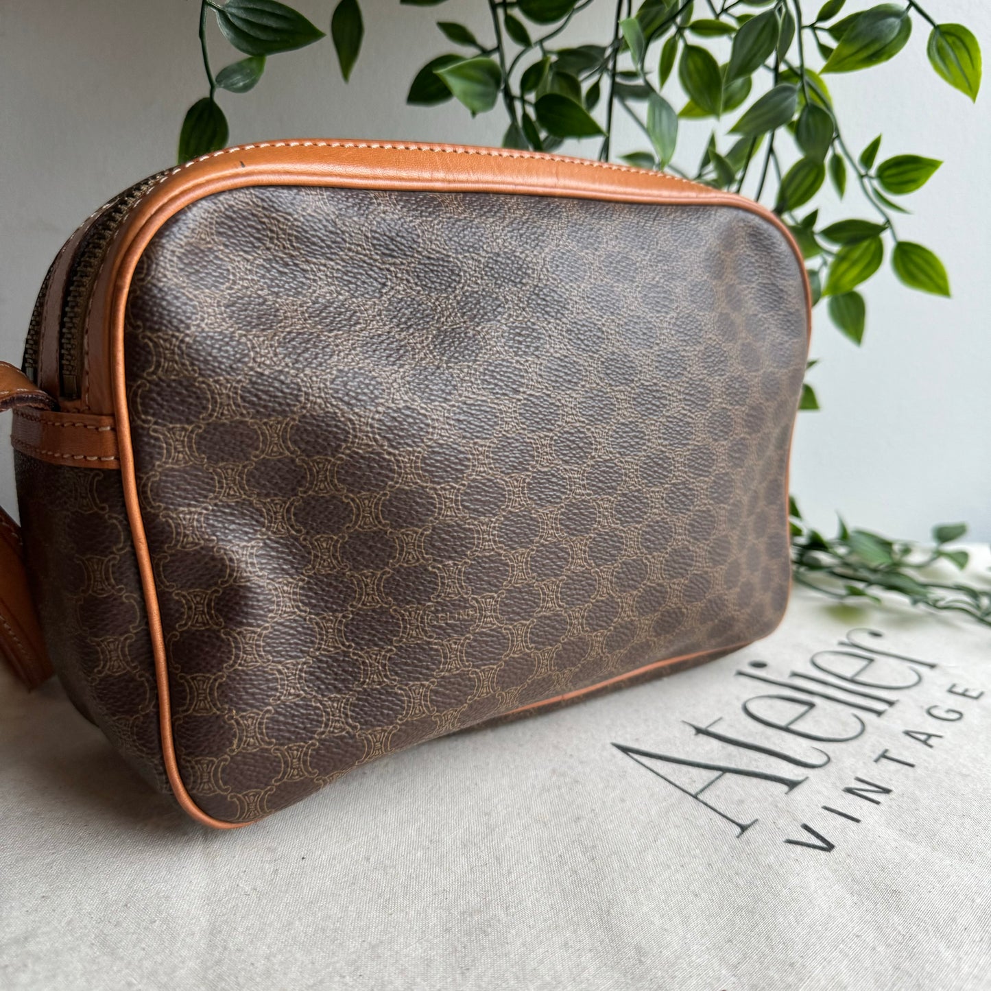 Celine Macadam Brown Double Zip Shoulder Bag