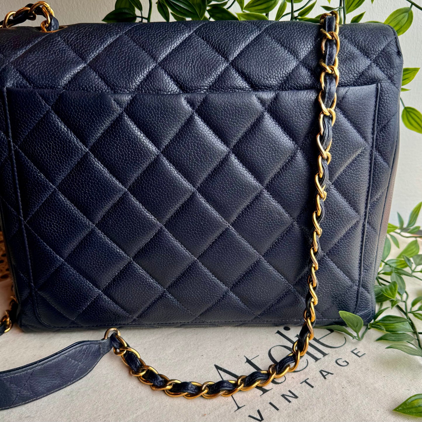 Chanel 1994 Navy Caviar Leather Large Square Single Flap