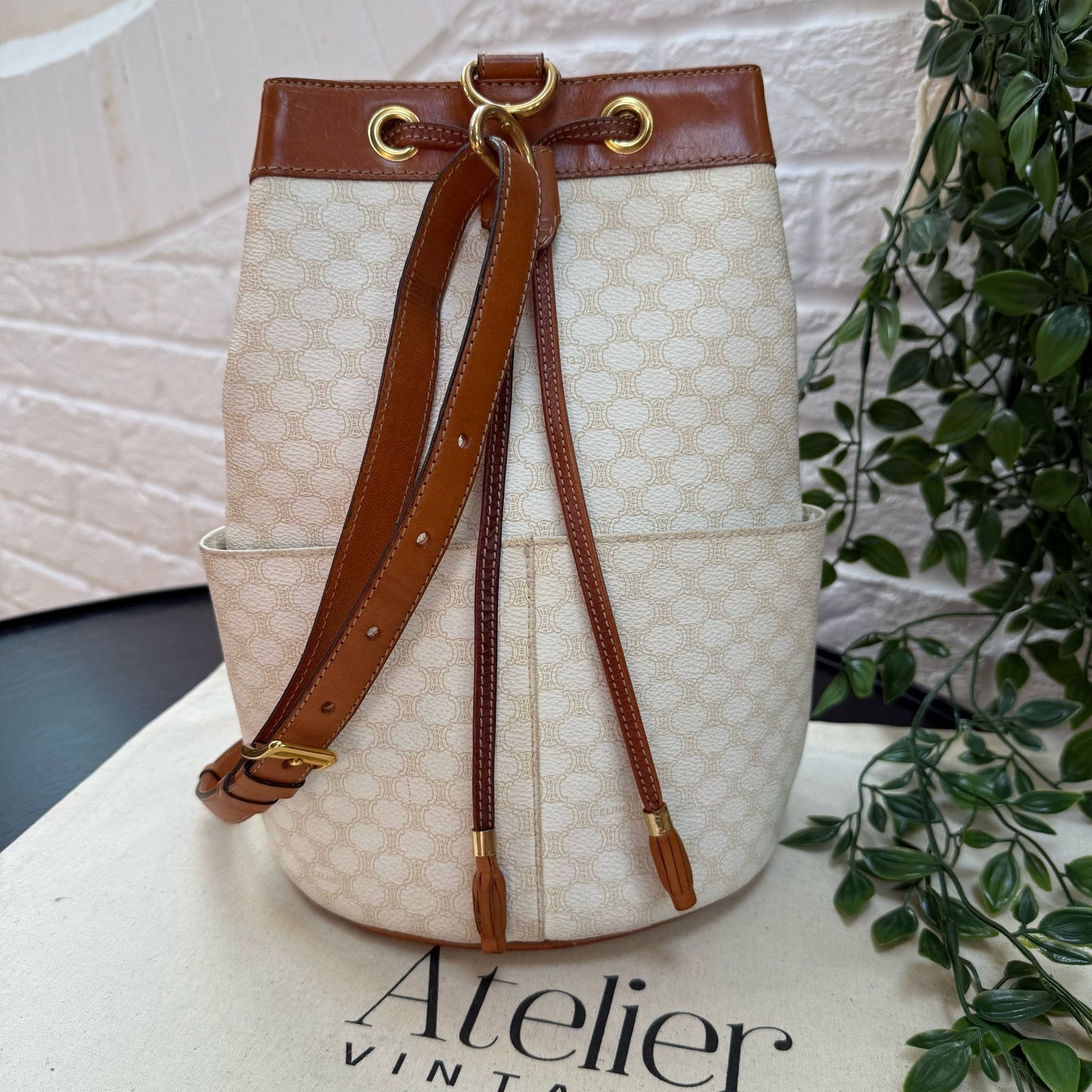 Celine 1990s Beige Macadam Bucket Bag