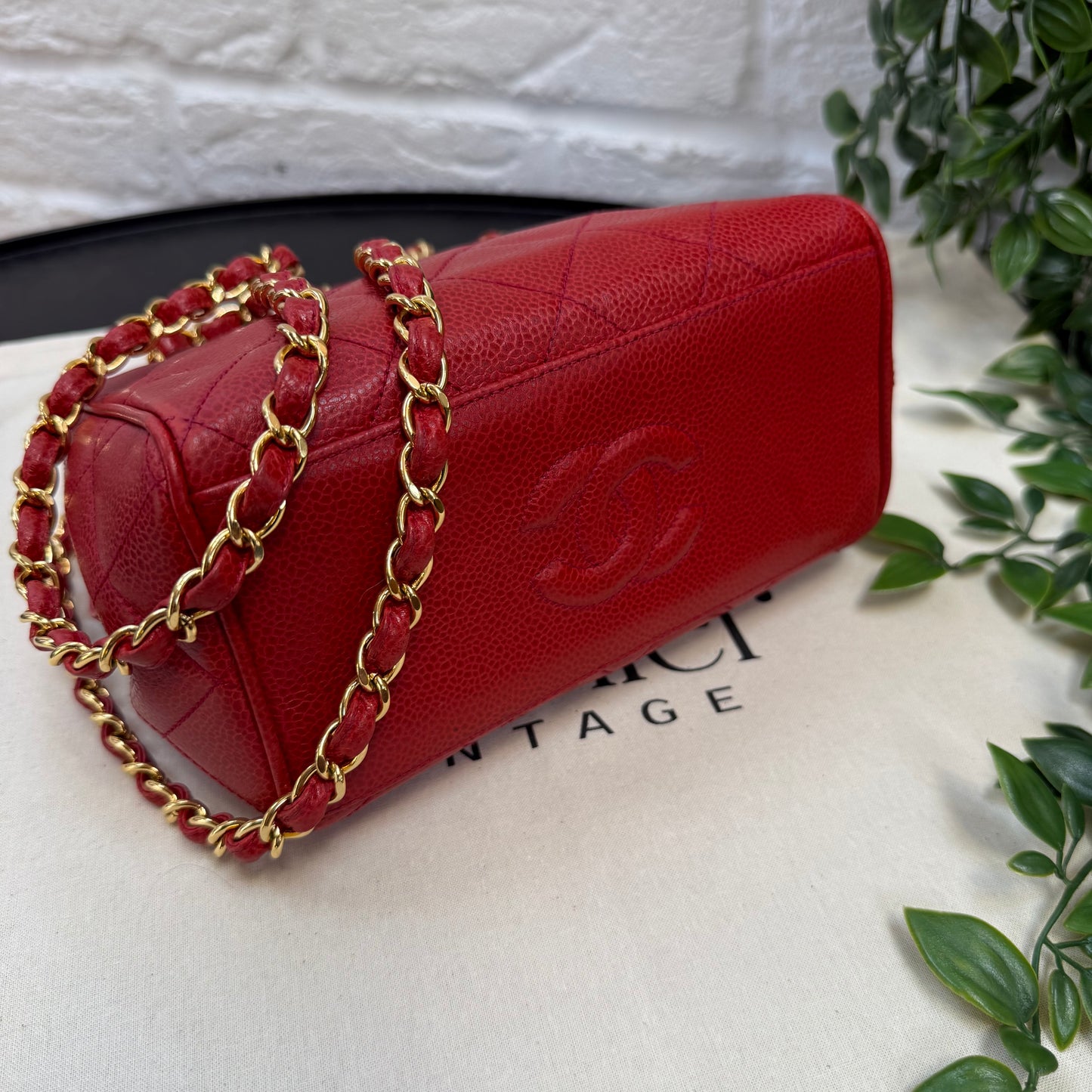 Chanel 1989 Chanel Red Caviar CC Quilted Shoulder Bag