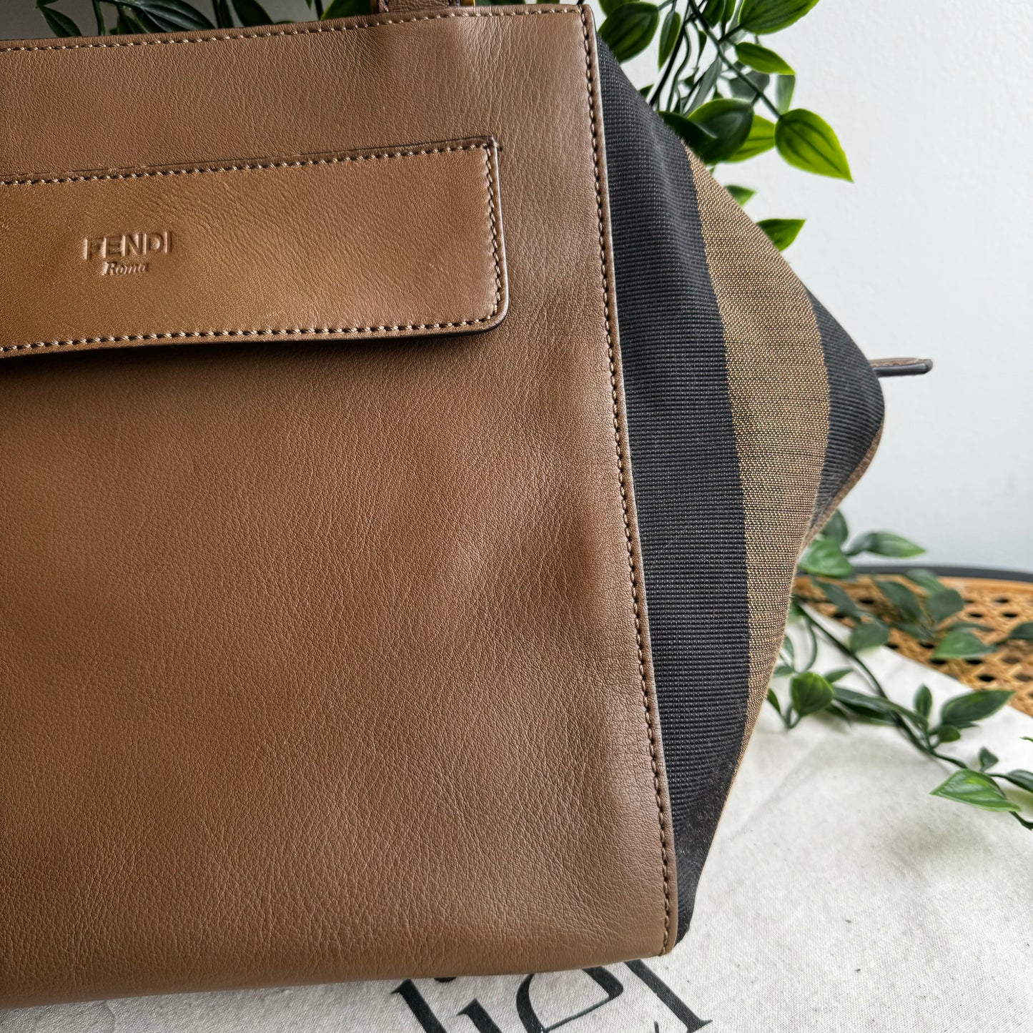 Fendi Brown Pequin Boxy Tote Bag