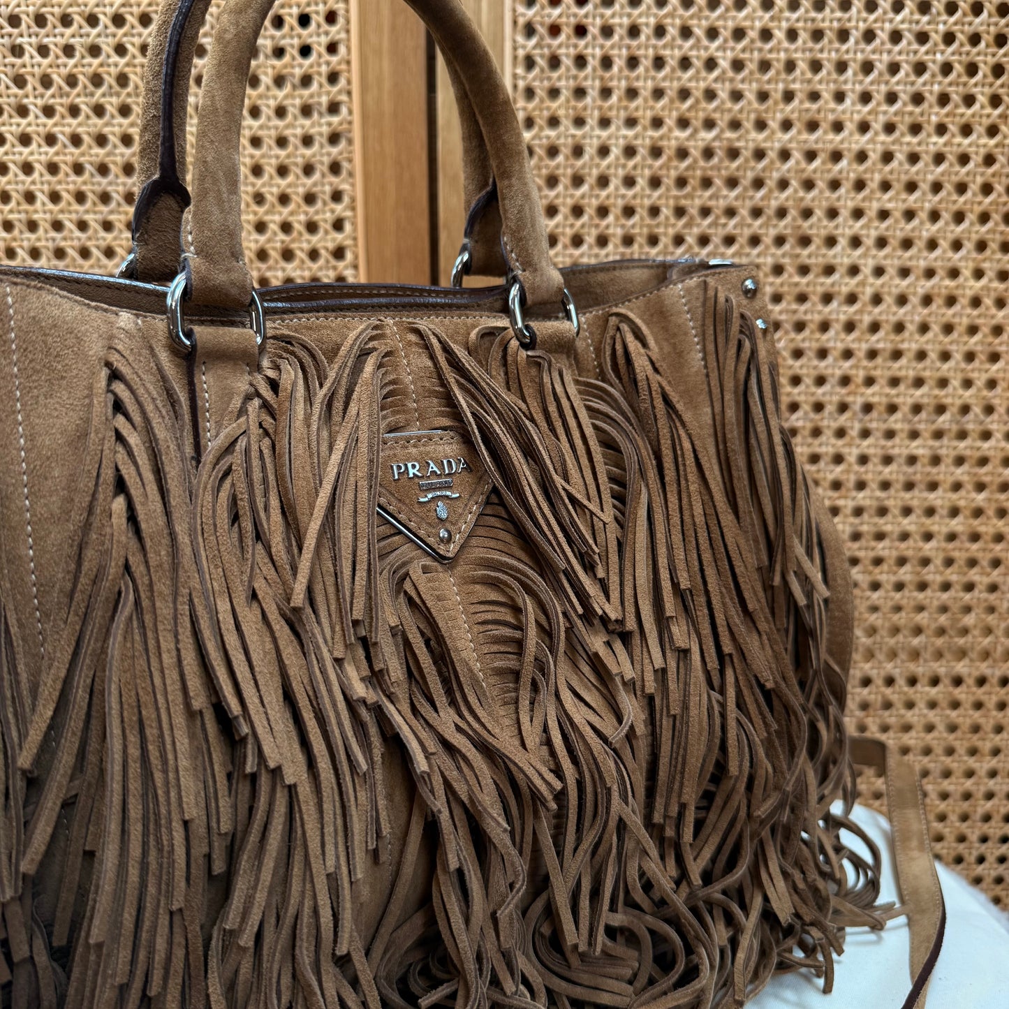 Prada Saffiano Two Way Suede Fringed tote
