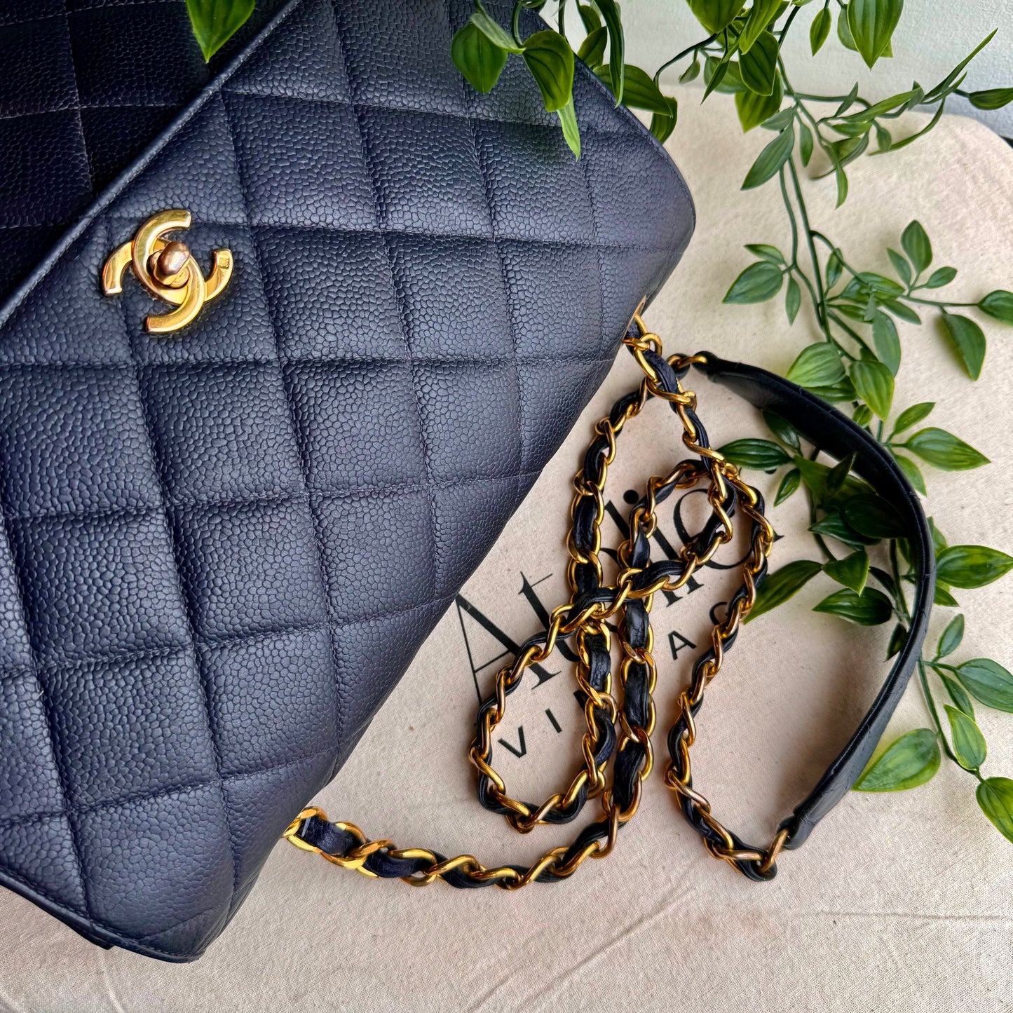 Chanel 1994 Navy Caviar Leather Large Square Single Flap