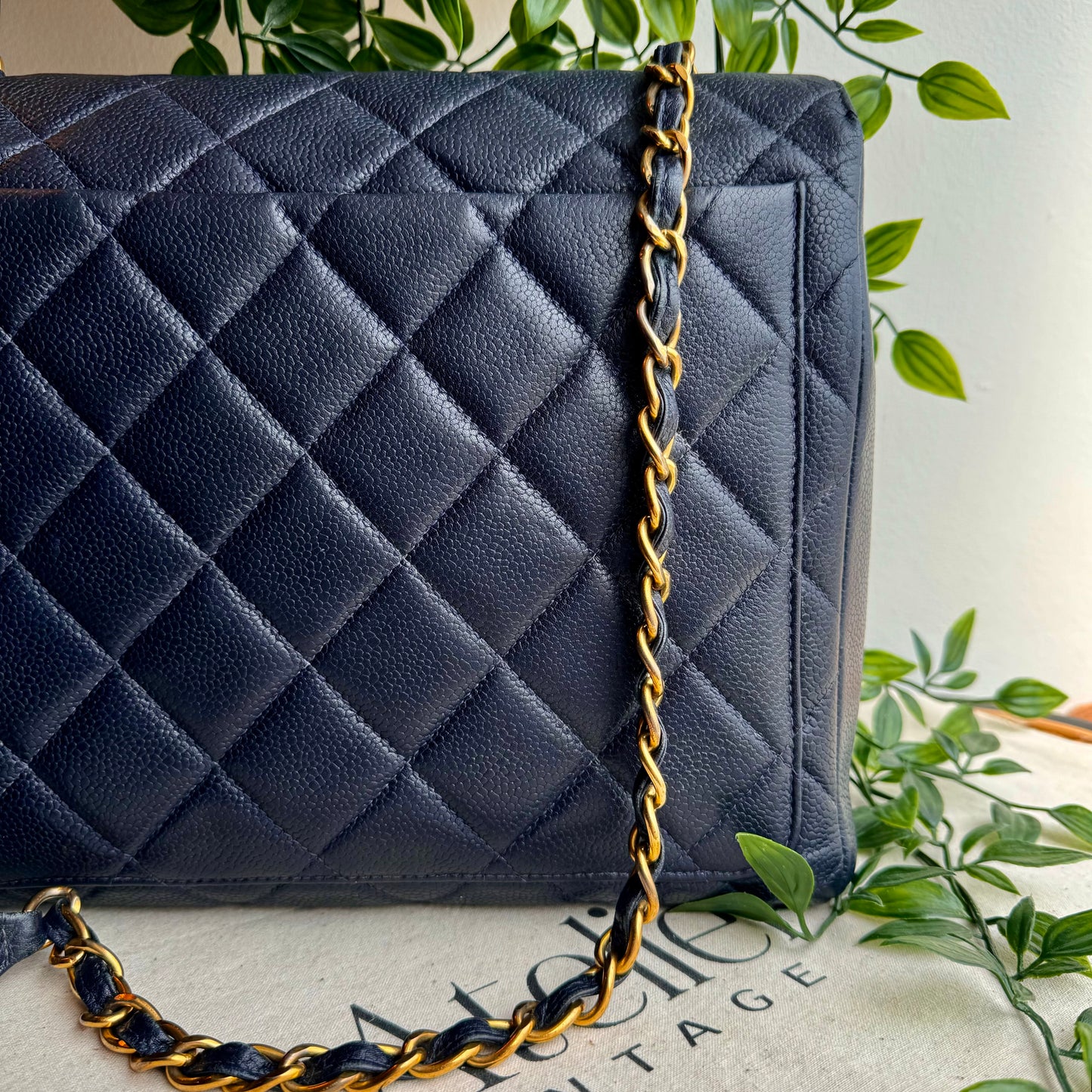Chanel 1994 Navy Caviar Leather Large Square Single Flap